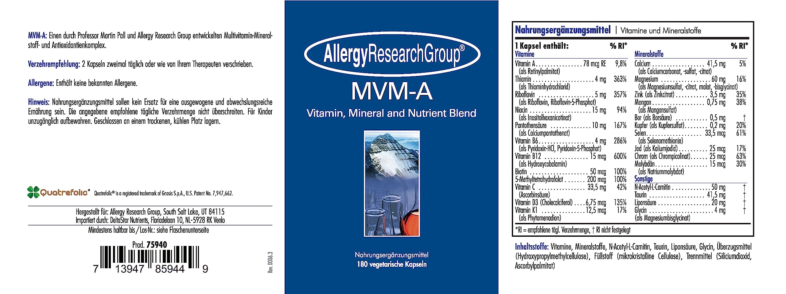 Allergy Research MVM-A Antioxidant Protocol 180 veg. Kapseln (188,6g)