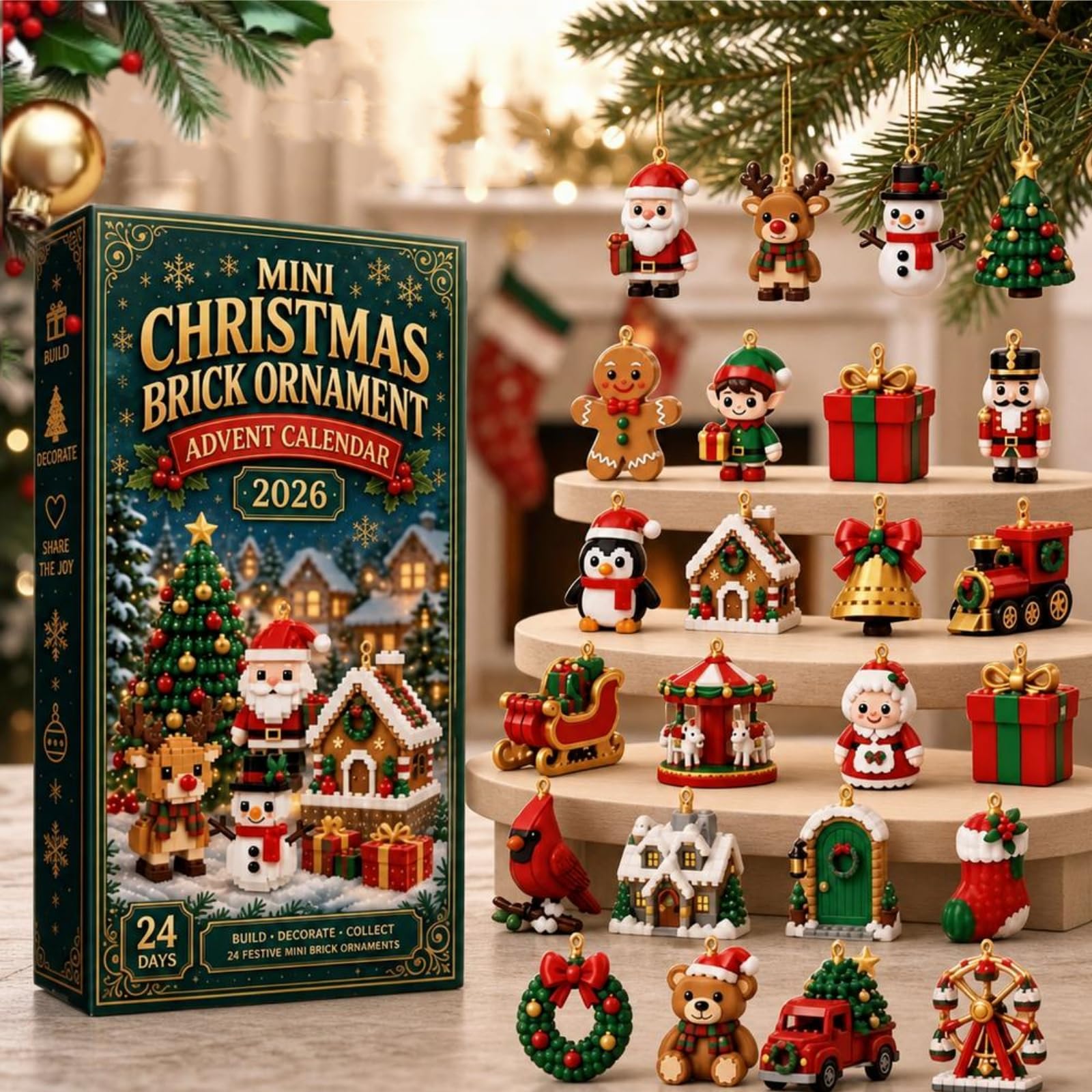 24-Day Mini 3D Christmas Brick Ornaments Advent Calendar, 24 Unique Designs