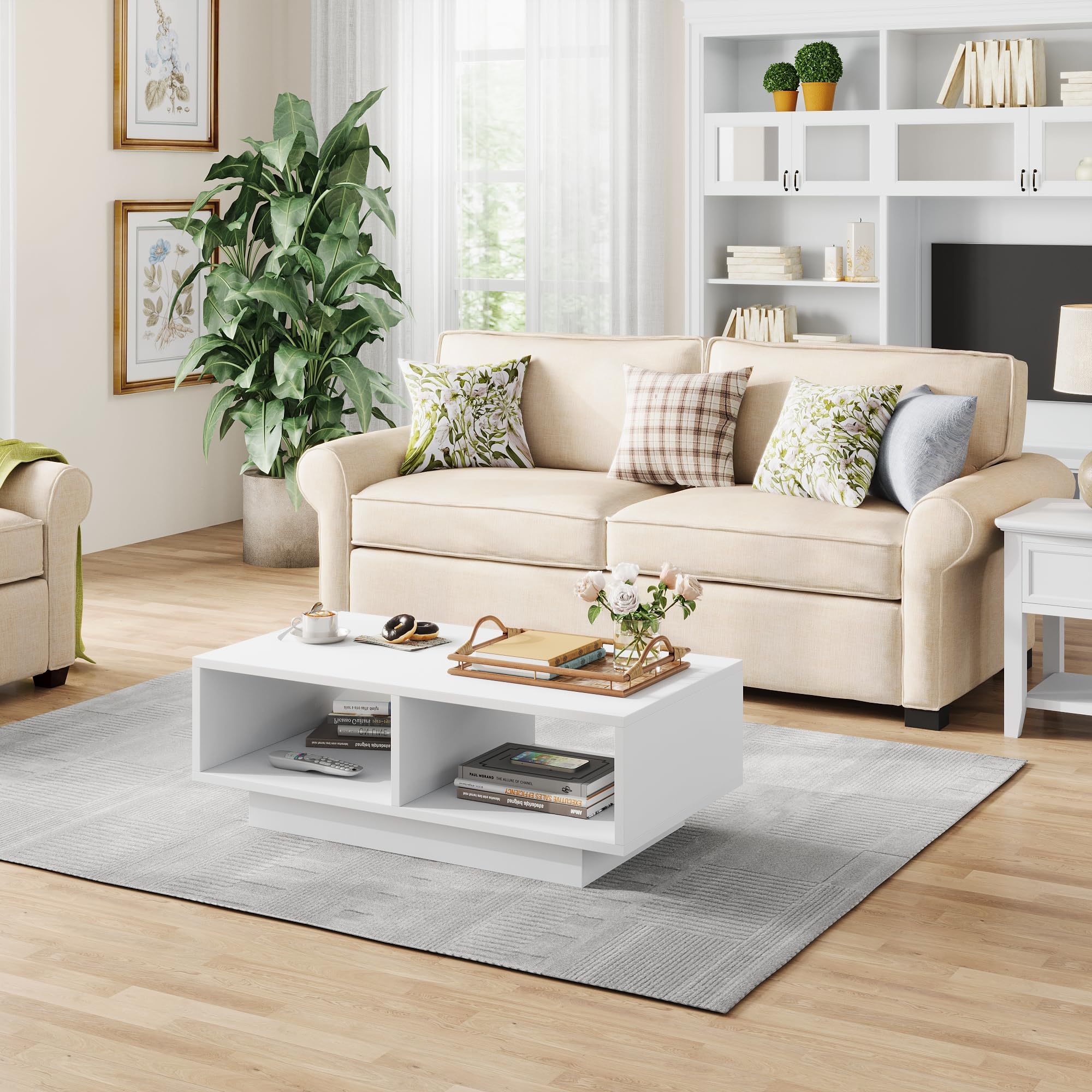 Tavolino Bianco, Tavolo da Salotto, Moderno e Elegante Tavolo da Caffè Rettangolare con 2 Ripiani Aperti, Tavolo Laterale Rettangolare per Soggiorno, per Camera da Letto e Ufficio, 90x48x31 cm