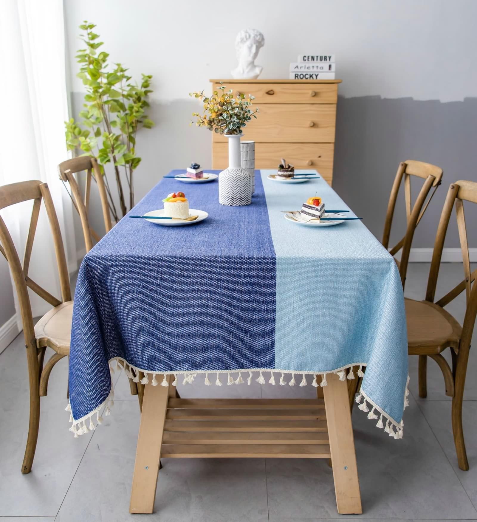 Mantel antimanchas, rectangular, de algodón y lino, para salón, lavable, con juntas, color degradado con borlas, manteles para restaurante azul, 140 x 200 cm