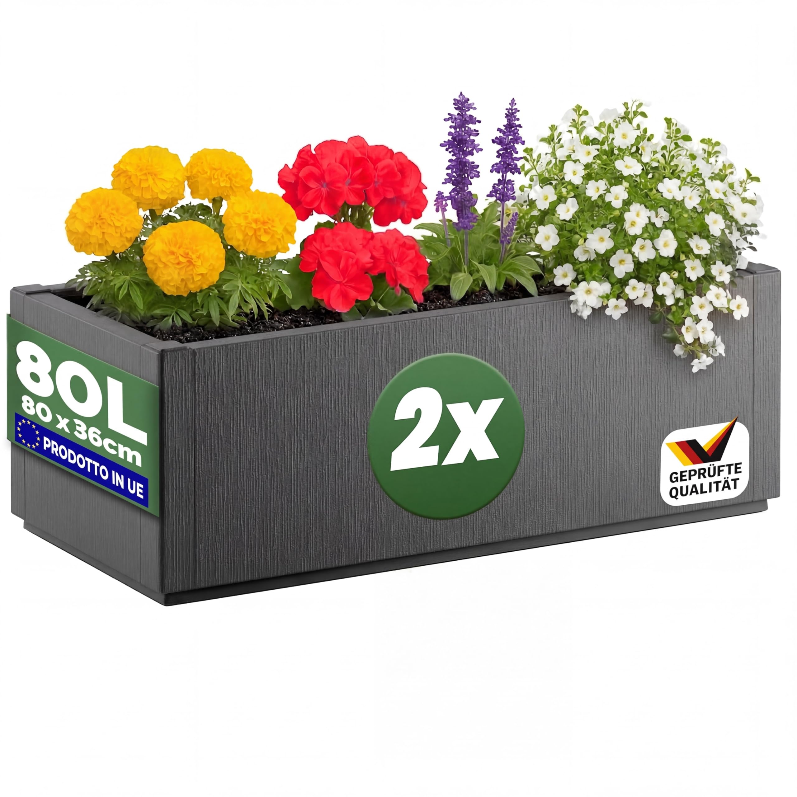 Casaria® 2x Fioriera da Esterno Ethica in Plastica 80L 80x36x35cm Base Drenante Fioriere da Giardino Vaso Grade per Fiori Vasi per Piante Rettangolari