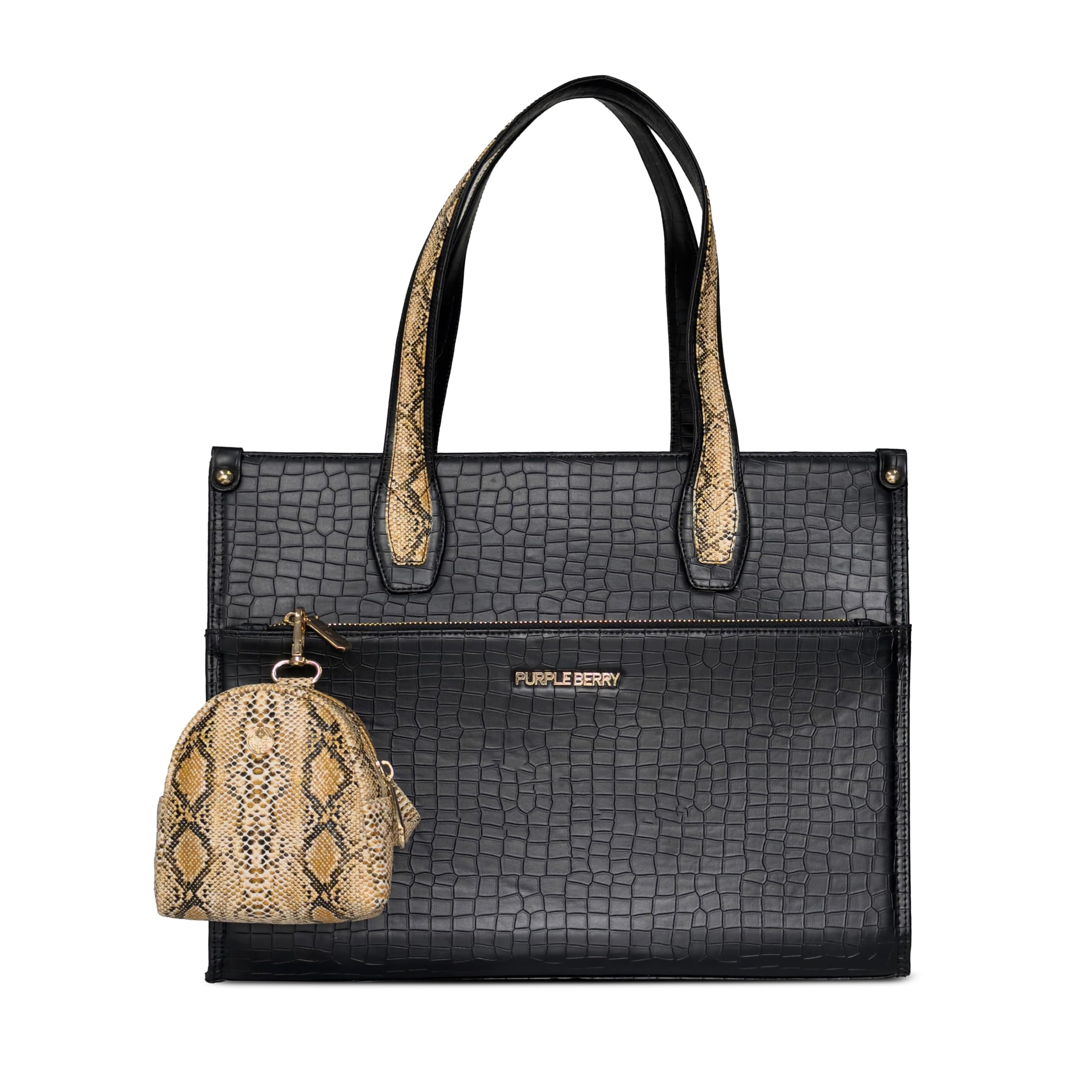 Women’s Croc-Embossed Tote Bag with Snake Print Accents – Large Structured Handbag & Detachable Mini Coin Pouch