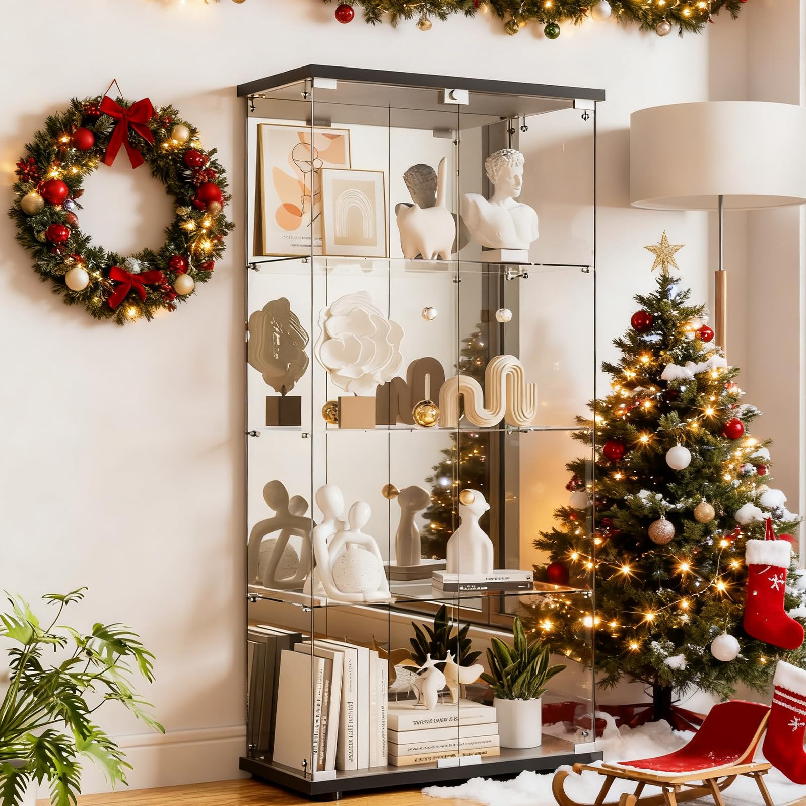 Glass Display Cabinet 4-Shelf with Door, Lock and Mirror,4mm Tempered Glass Floor-to-Ceiling Glass Bookcase for Bedroom, Living Room, Black