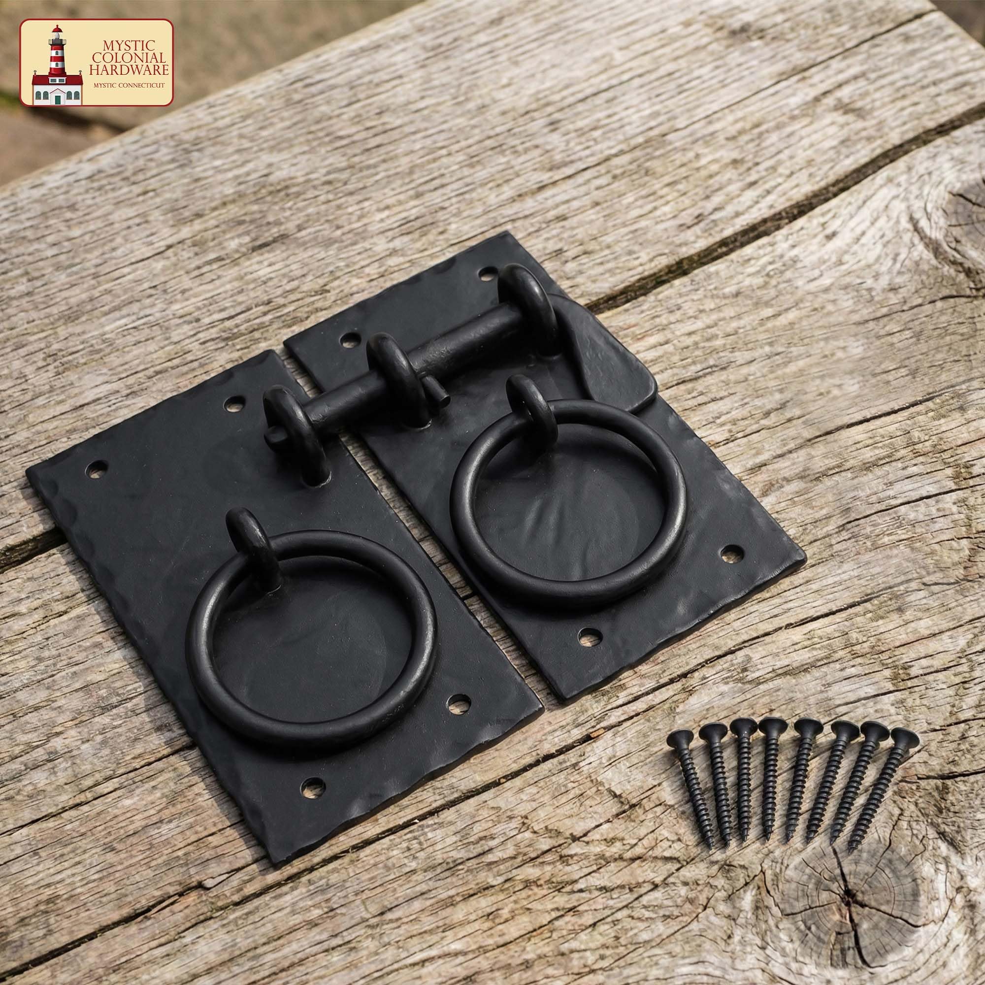 Mystic - Set di chiavistelli in ferro forgiato a mano, stile rustico, con maniglie ad anello, per cancelli, porte del fienile, capannoni e armadi