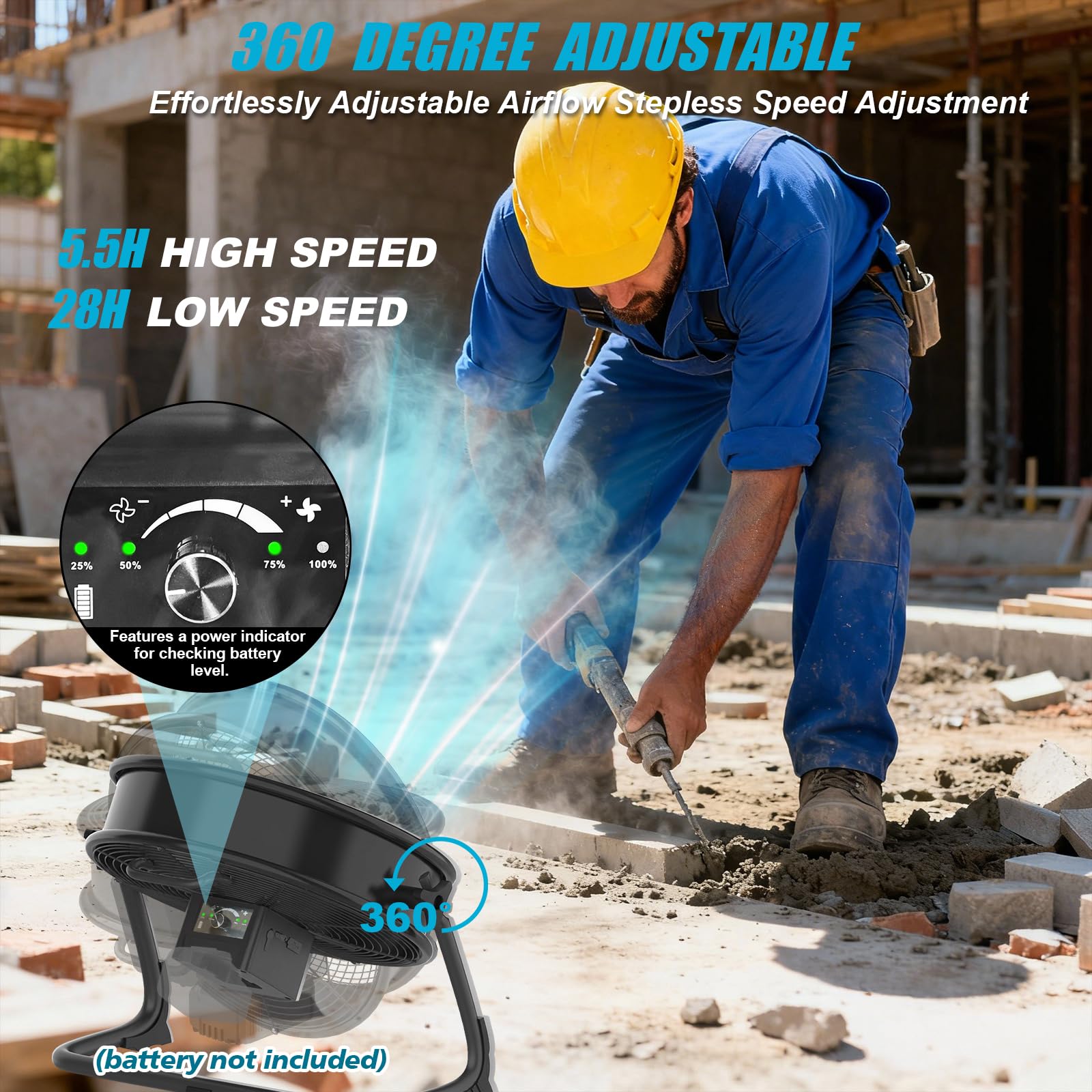 40CM Ventilador de Suelo Industrial compatible con Batería Ma-kita/ Adaptador de CA Ventilador de pie Portatil Aspas de Aluminio Regulación Continua de la Velocidad Inclinación Ajustable(Sin Batería)