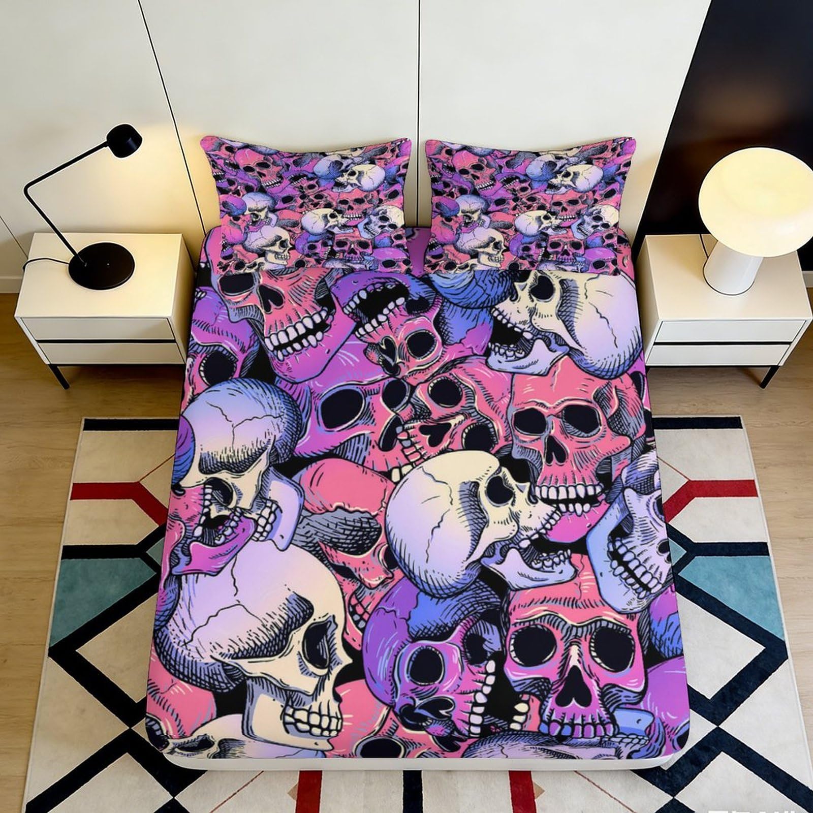 Pnayamiorkfel Style-4 3D Printed Purple Skull Fitted Sheet Microfiber Soft Gothic Pink Skeleton Mattress Cover Bedroom Decor Protection 90X200x25cm