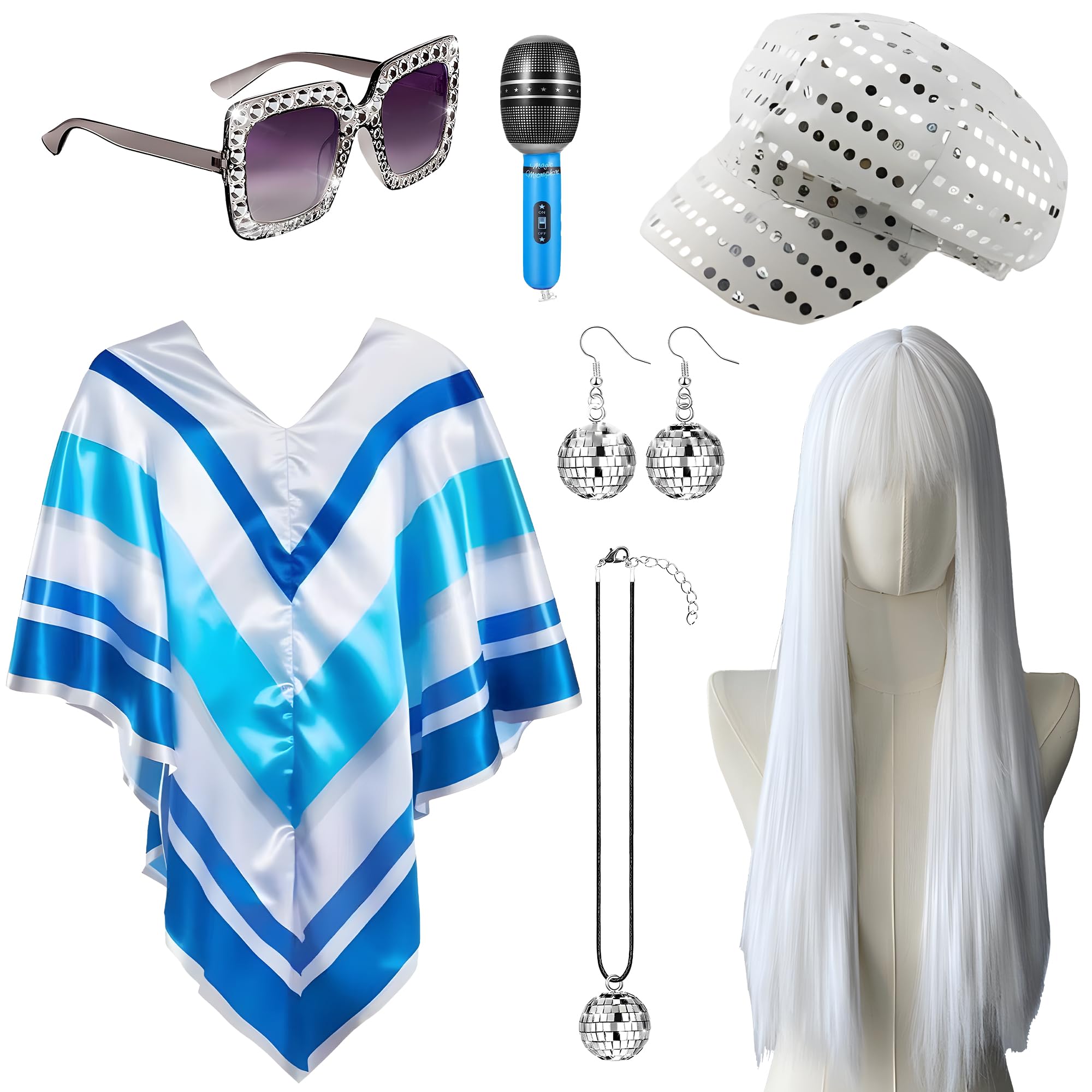 ABBA Outfits for Women - Complete 7-Piece 70s Fancy Dress Costume Set (Hat, Poncho, Glasses, Earrings, Wig, Necklace, Microphone) for Disco Party | Shiny ABBA Costume Accessories for Adult Women