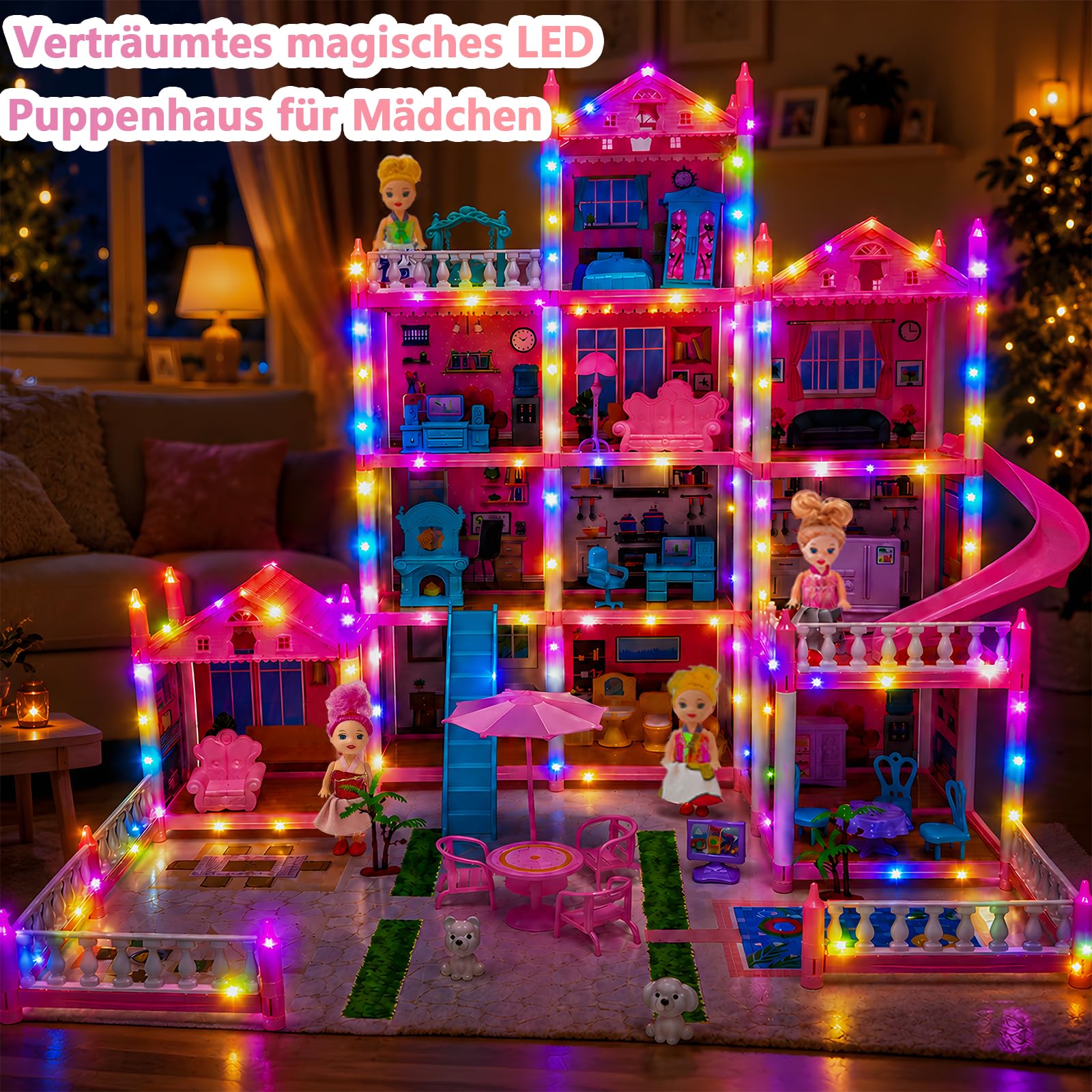 Großes Puppenhaus für Mädchen von 3–16 Jahren, 12 Zimmer, Puppenhaus mit Beleuchtung, Spielmatte, Puppen, Möbeln und umfangreichem Zubehör, Kinder