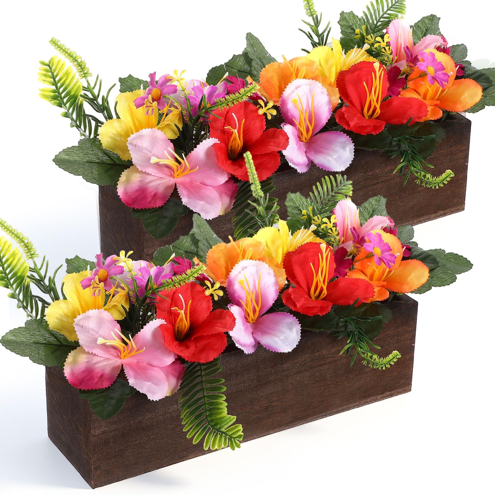 Photo 1 of Rivvlive 2PCS Artificial Hibiscus Flowers Table Centerpieces in Wooden Box, 11 inch Summer Beach Wood Box with Realistic Hibiscus Fake Floral Decoration for Hawaiian Luau Beach Party Dining Table