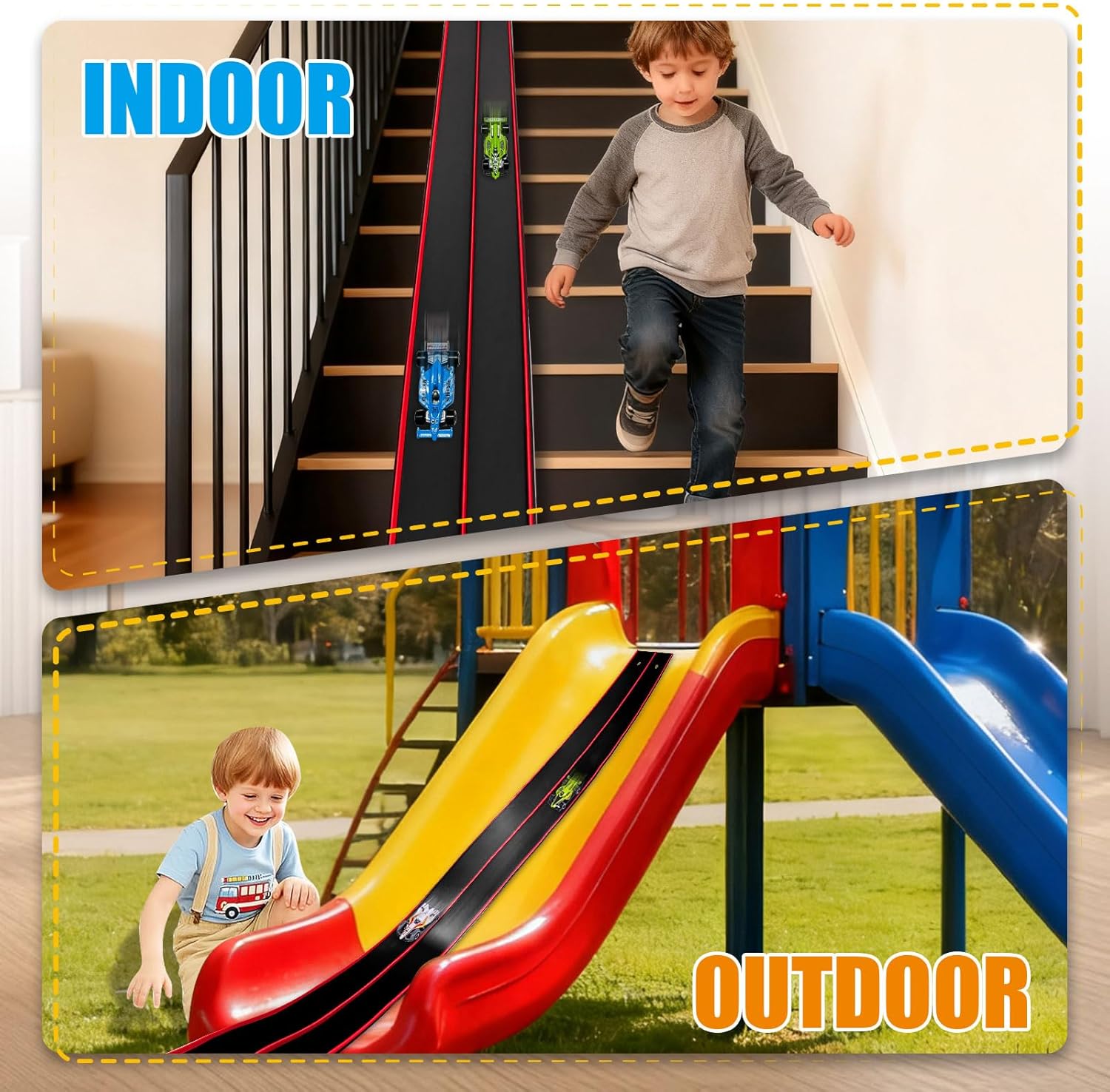 Flexible Race Track Toys for Kids 15 Ft with 4 Cars & Suction Cups, Portable Double Lane Racetrack Compatible with Hot Wheels & 1/64 Diecast Cars, Fun Car Ramp Track Set for Ages 3+(Black & Red)