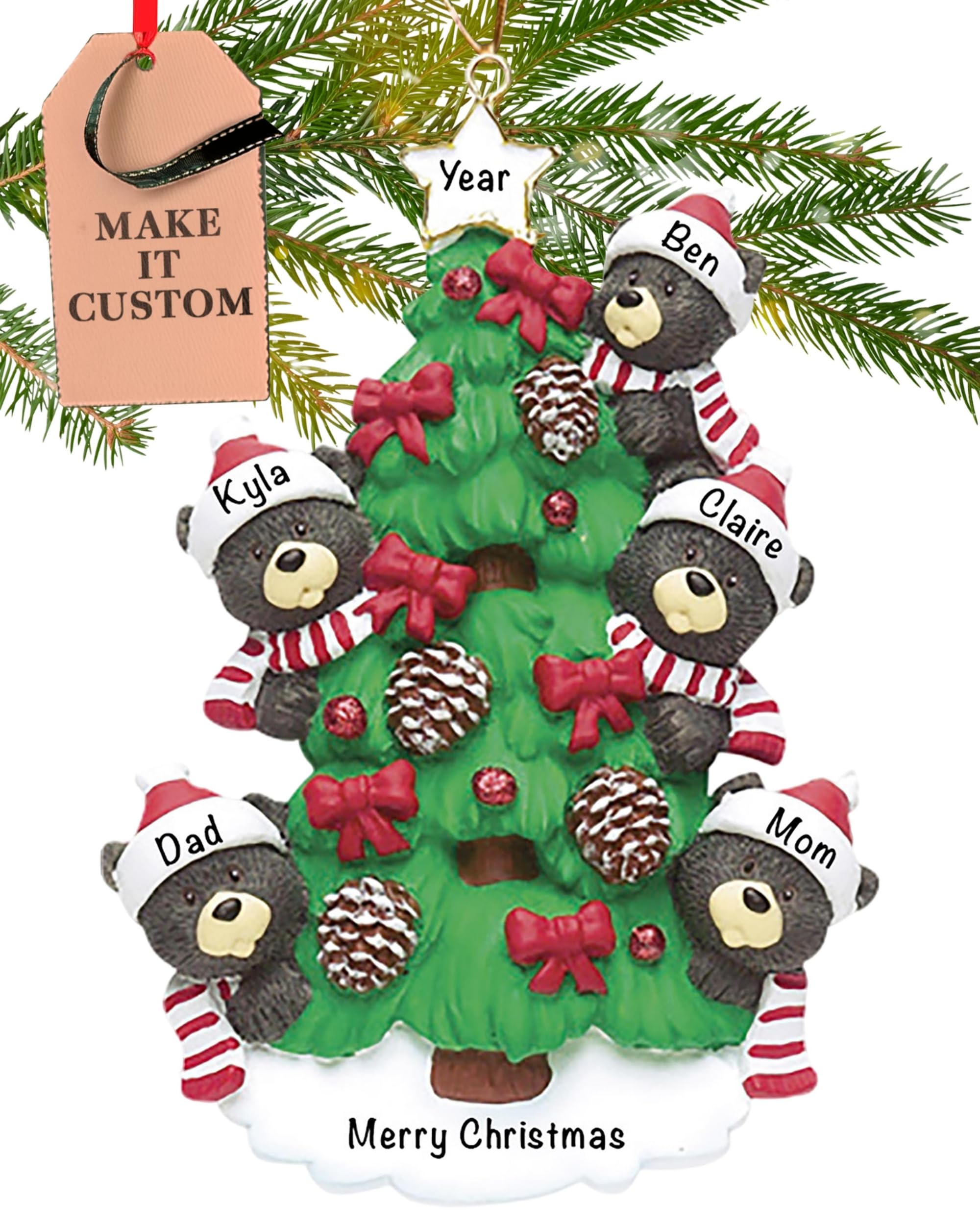 Holiday Traditions Multicolor Personalised Family Of 5 Ornament 2025 – Fast & Free 24H Customisation – Black Bear Christmas Ornaments For Tree – Custom Gift Wrapped Xmas Keepsake For Five Persons