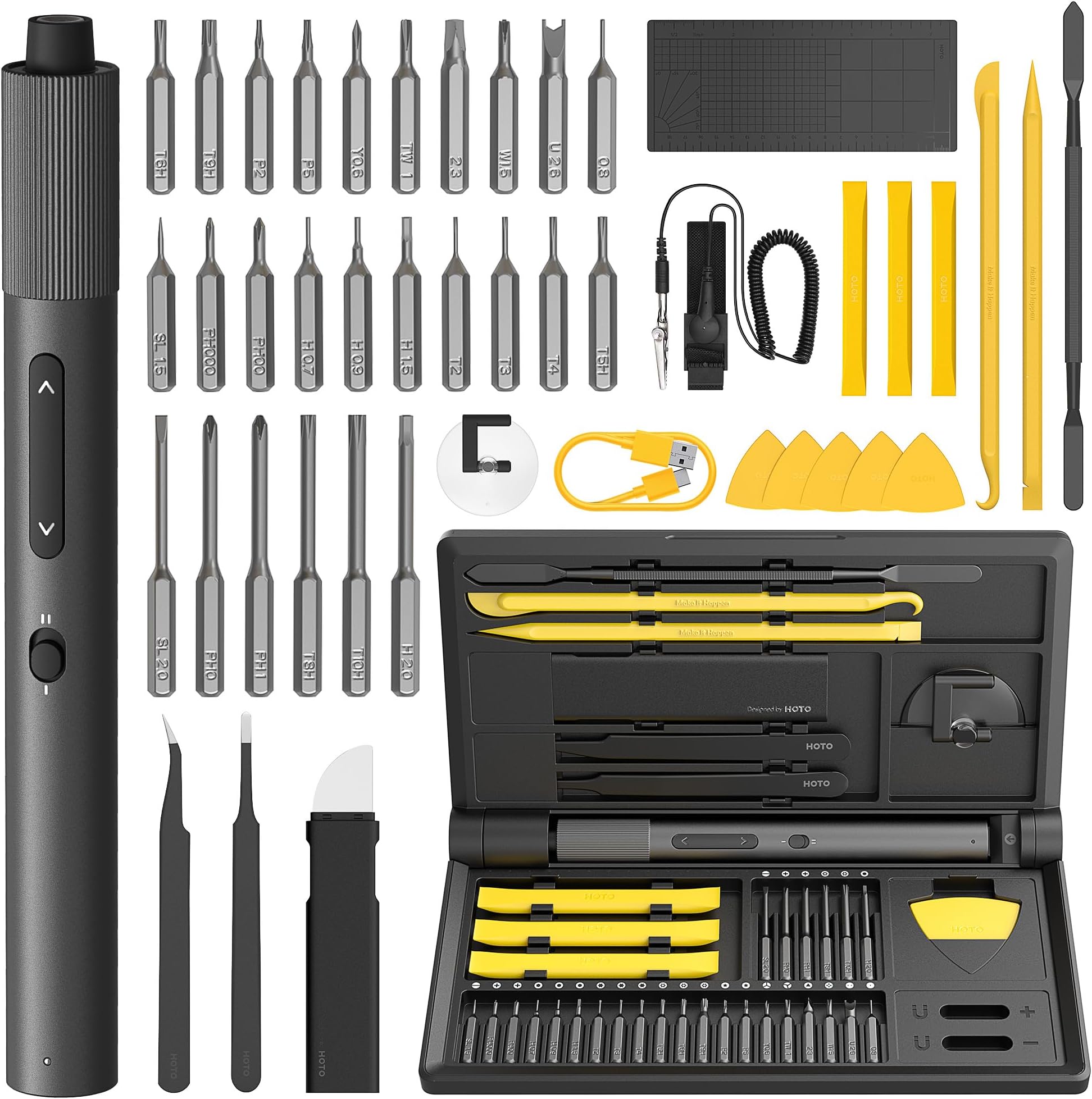 HOTO Electric Precision Screwdriver Kit, 46-in-1 Rechargeable Screwdriver Kit, Cordless Mini Power Screwdriver Kit with S2-Steel Bits, 2-Gears Torque, LED Light, Ideal for Phone/Glasses/Watch/Laptop
