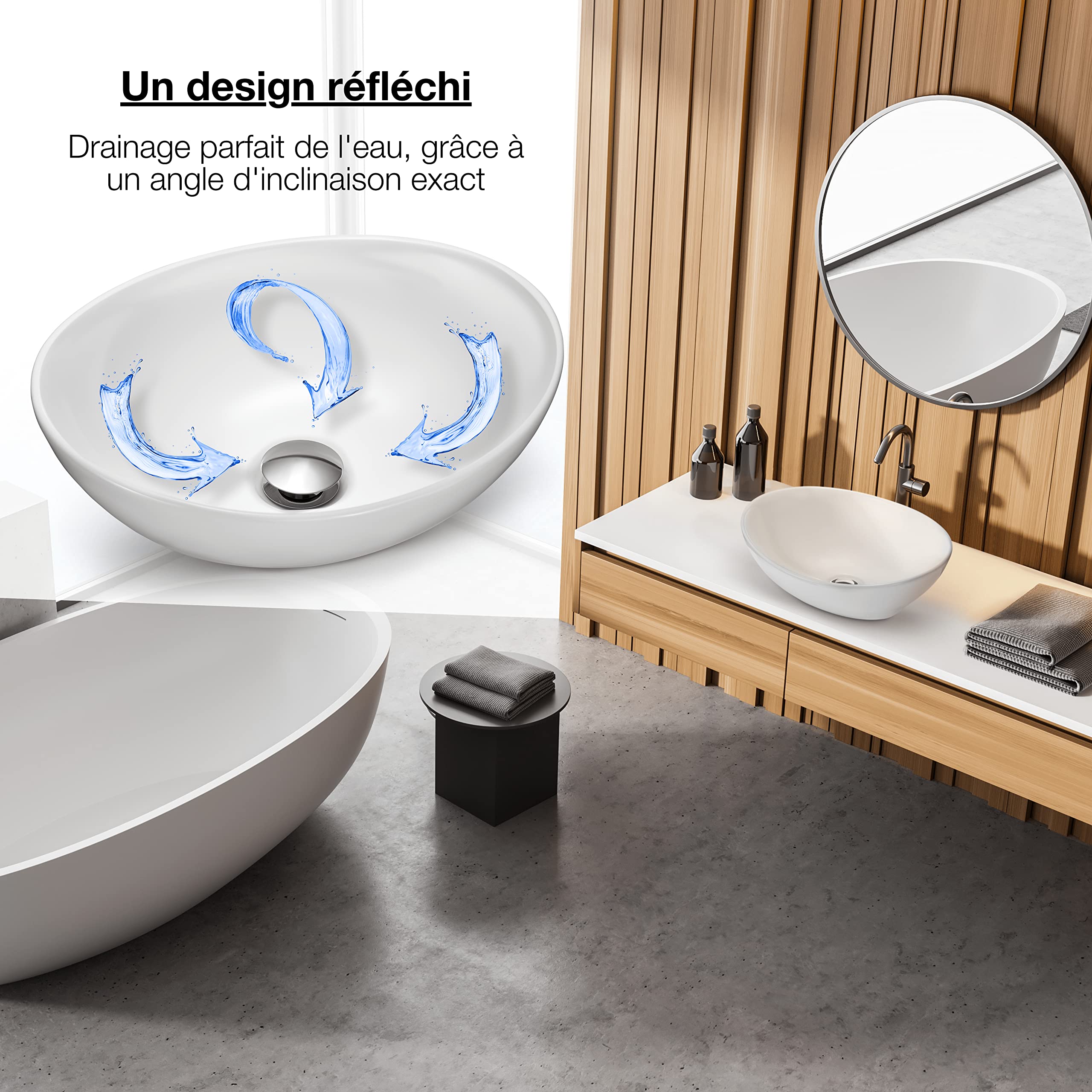 VMbathrooms Premium Céramique lavabo ovale avec effet lotus | Vasque à poser pour la salle de bain et les toilettes d'invités sans trou pour robinet ni trop-plein | blanc pur, 41 x 33 x 14,5 cm