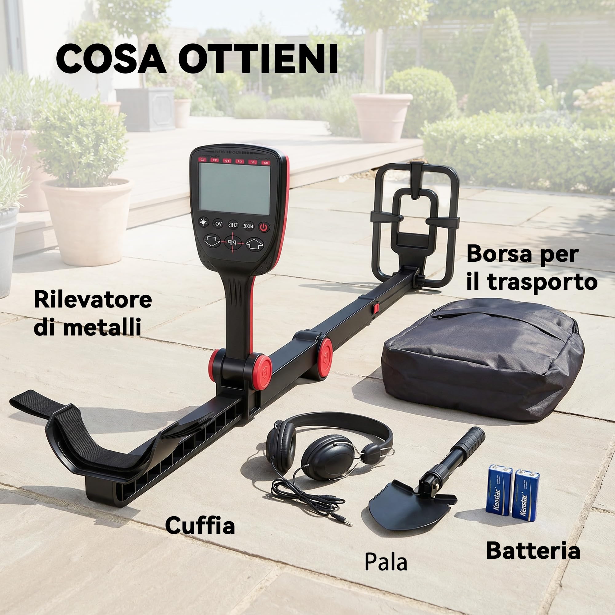 Outsunny Metal Detector Pieghevole per Adulti, Rilevatore di Metalli Oro Impermeabile IP68 con Bobina, Display LCD, 4 Modalità, Borsa, Pala, Cuffie, Asta Telescopica Regolabile, per Spiaggia Giardino