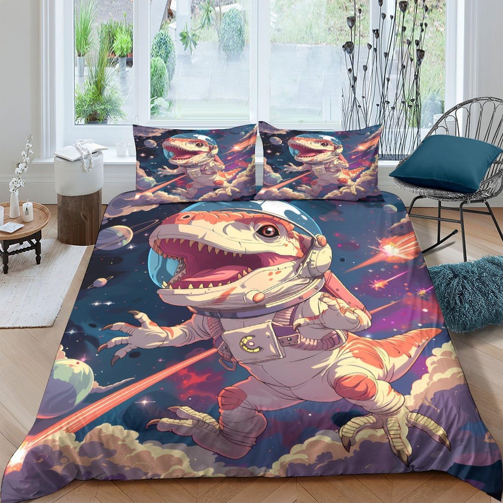 GPLZQXKJNH 3D Printed Astronaut Dinosaur Duvet Cover Set Microfiber Soft Breathable Space Adventure Quilt Cover with 2 Pillowcases for Bedroom Decor Single（135x200cm）