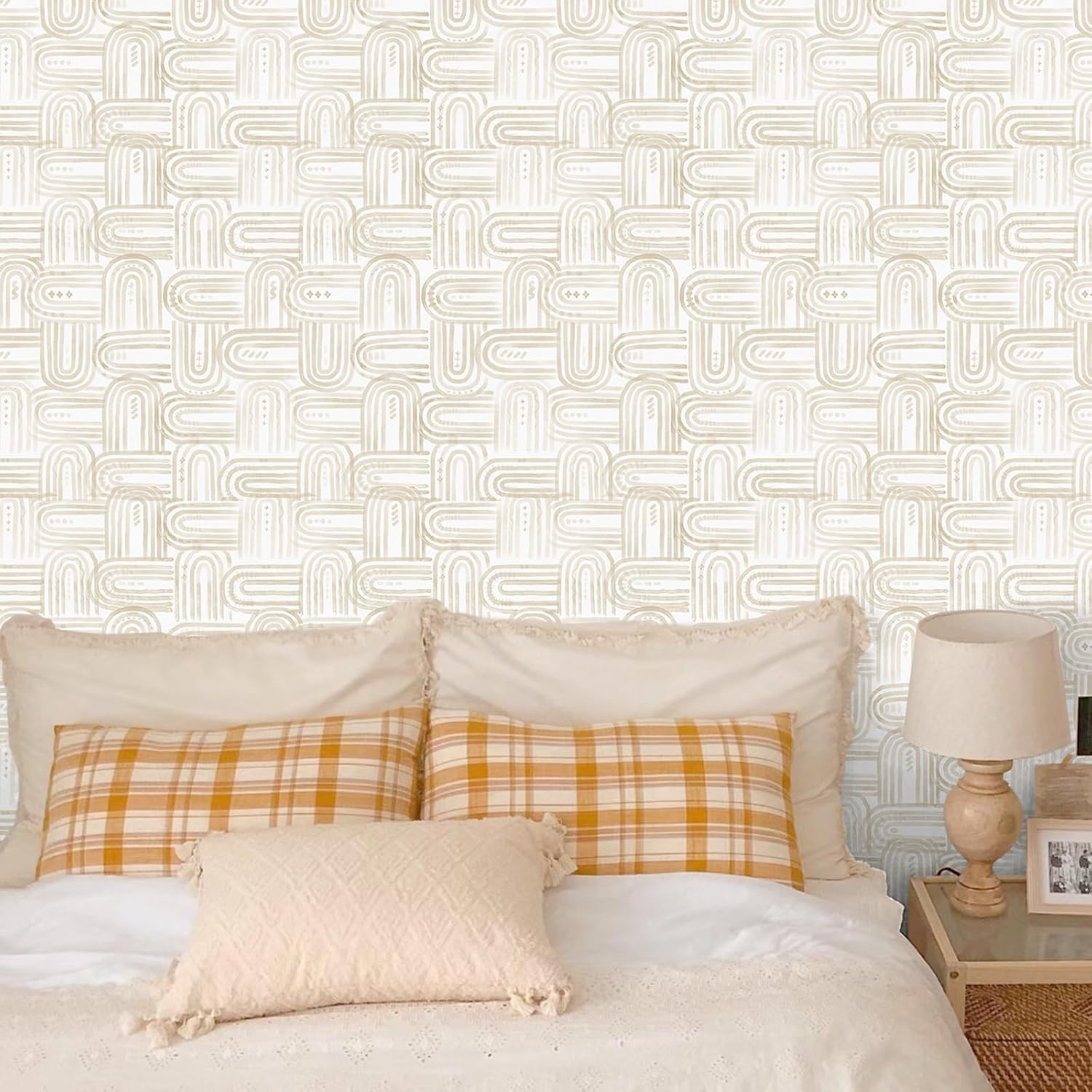 Modern Peel and Stick Wallpaper Boho Beige and White Contact Paper 17.3"x480" Geometric Abstract Wall Paper Removable Self Adhesive Wallpaper for Bedroom Bathroom Cabinet Decor Vinyl