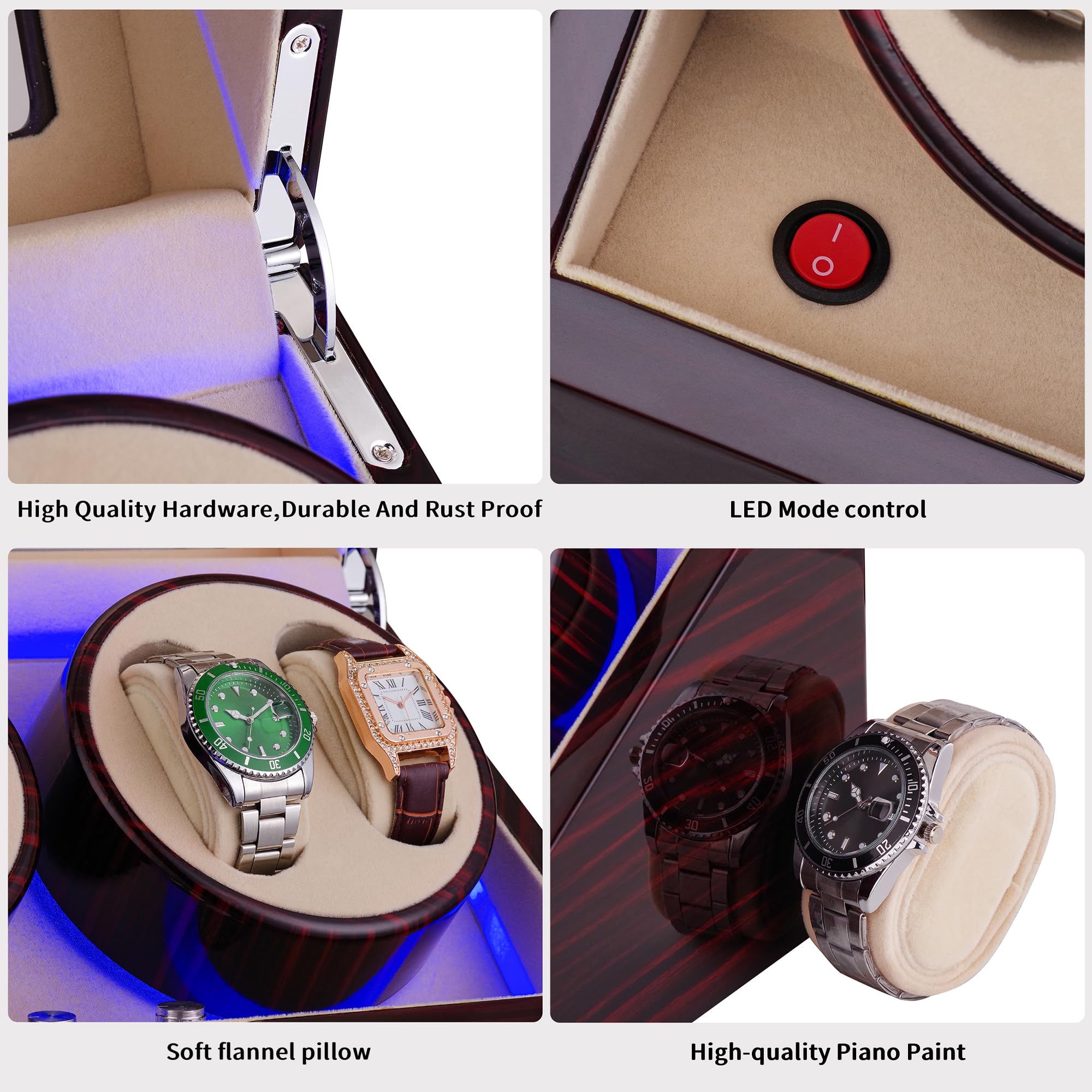 Automatischer Uhrenbeweger für Rolex und andere Luxusuhren, Uhrenbeweger mit leisem Motor, 4 Uhrenbeweger mit LED-Licht, vier Rotationsmodi, weiches Qualitäts-Samt-Uhrenkissen