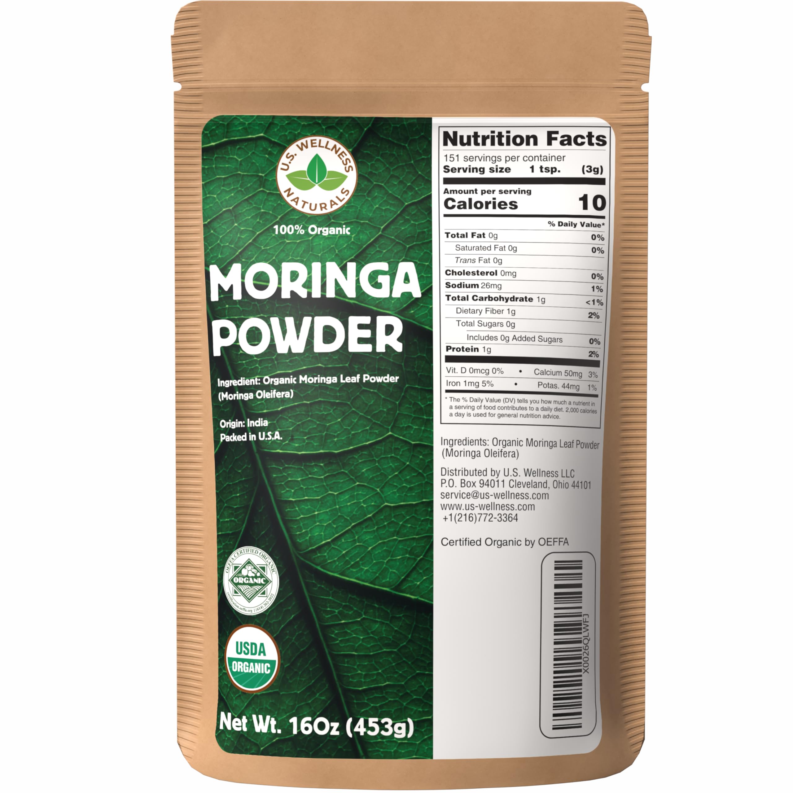 U.S. Wellness Naturals Moringa Powder 1LB (16Oz) 100% Certified Organic| 100% Pure Moringa Leaf NO Stems| - Raw from India | Smoothies | Drinks | Tea | Recipes - Resealable Bag