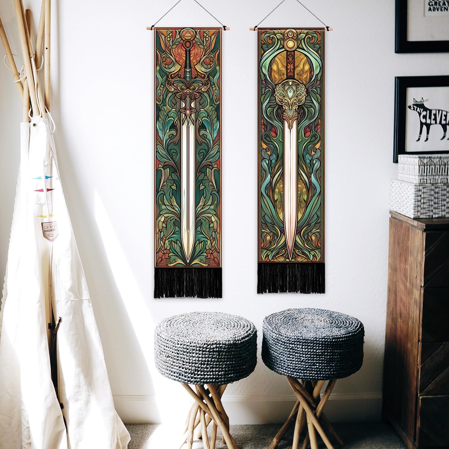 PLIGREAT 2 Pack Fantasy Weapons Vertical Tapestry Swords Aesthetic Wall Hanging for Bedroom Bathroom Living Room Vintage Long Narrow Wall Hanging Dorm Room Home Art Decor