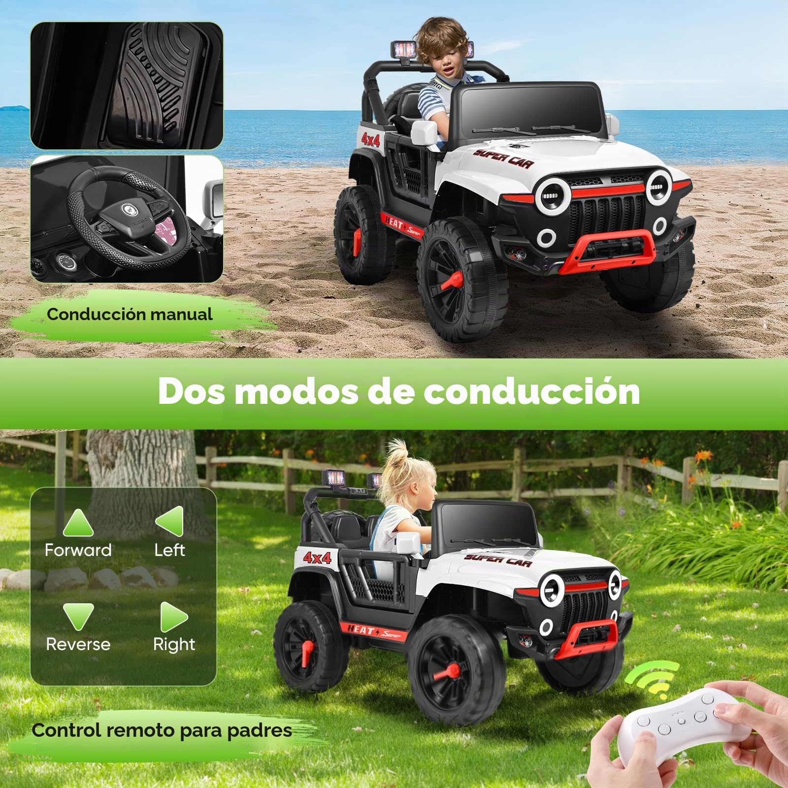 Vehículos eléctricos, coche eléctrico para niños, coche eléctrico infantil de 24V con mando a distancia, 2 motores de 150W, capacidad máxima de carga: 50 kg (blanco)