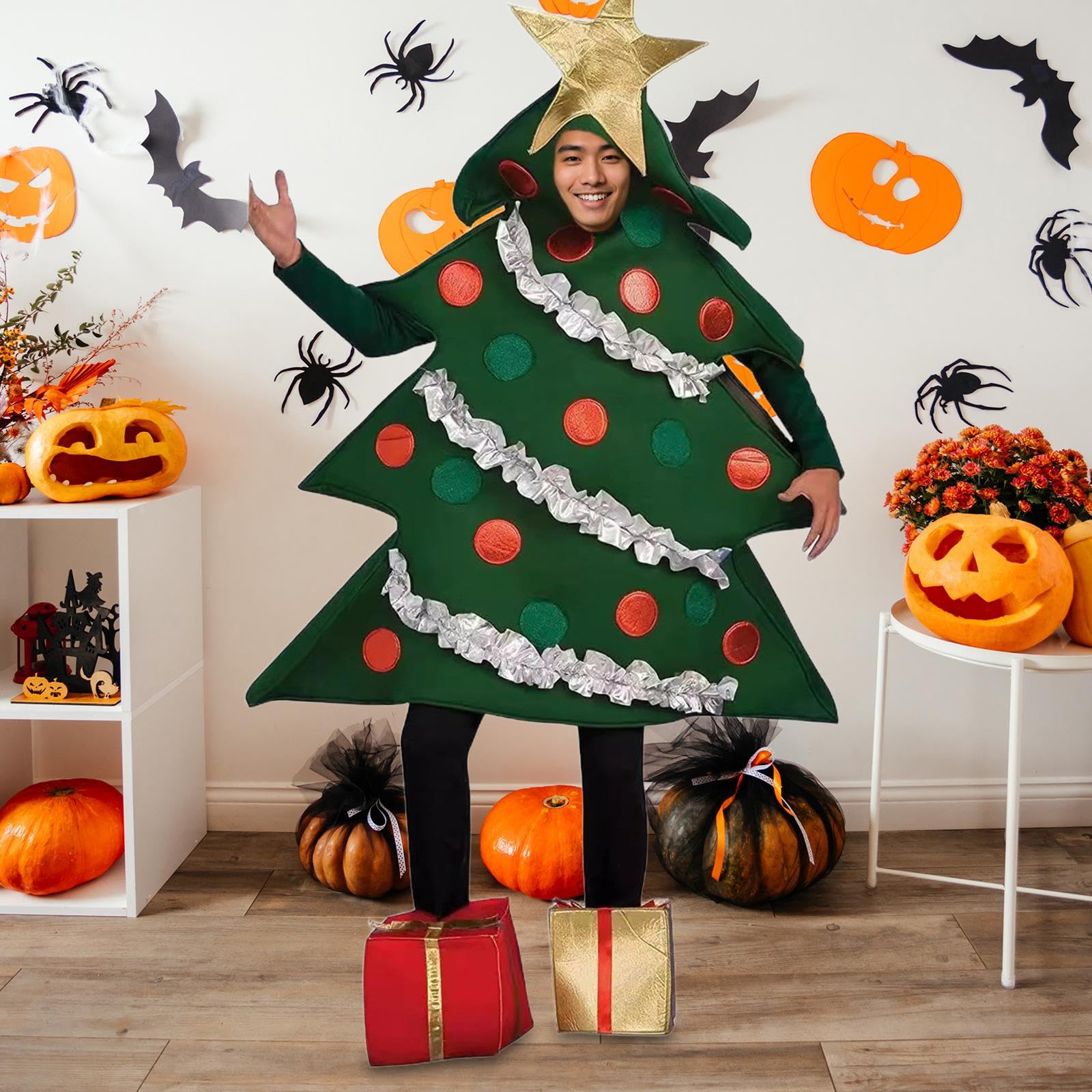 Weihnachtsbaumkostüm für Erwachsene mit Ornamentdetails und goldenen Schuhüberzügen, Verkleidungsset für Cosplay und Weihnachtsfeiern (Größe 155-175 cm)