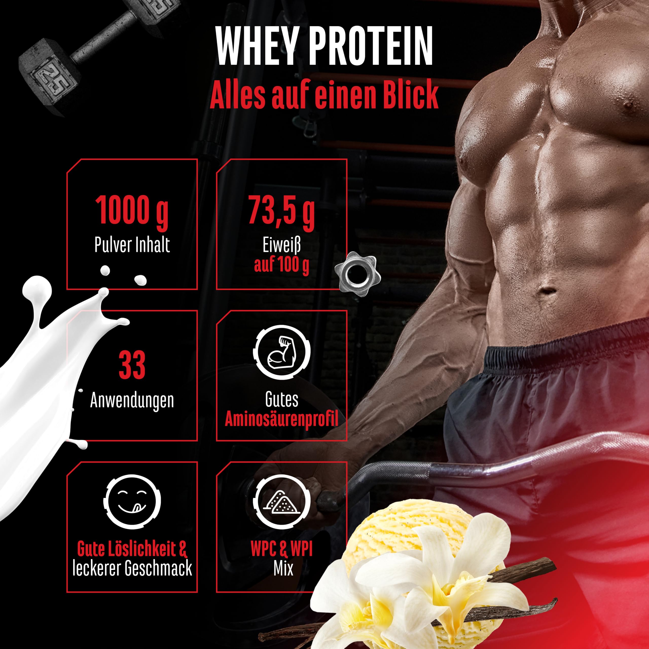 GEN GERMAN ELITE NUTRITION Whey Protein Pulver - 1000 g - Whey Isolat | Vanille Ice Cream Geschmack, instant lösliches Eiweiß Protein Pulver, mit BCAA & EAA - bis zu 22 g Protein pro Portion