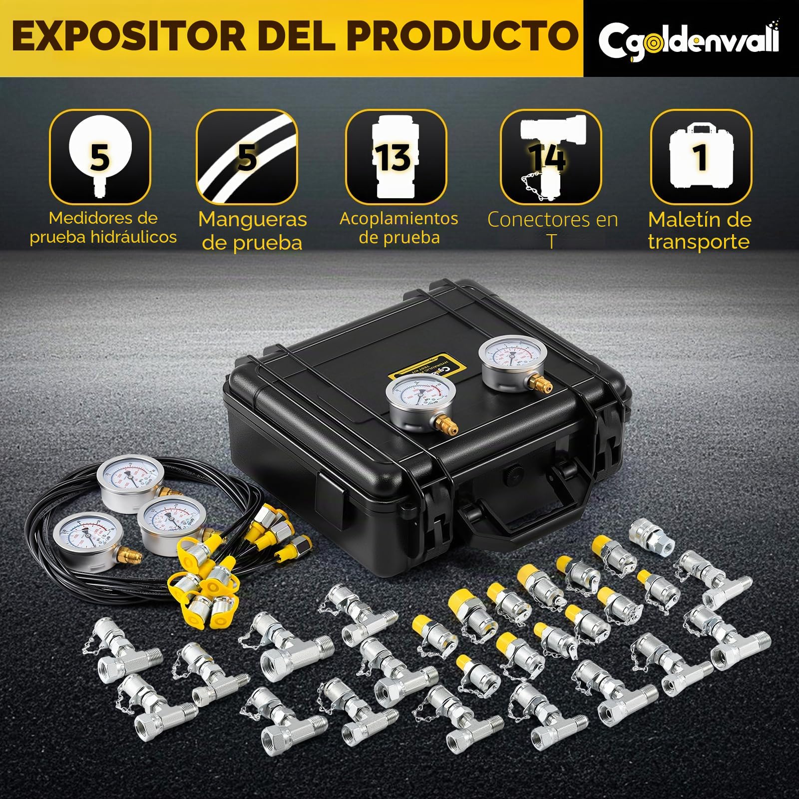 CGOLDENWALL Kit de Prueba de Presión Hidráulica, 5 Manómetros (10/100/250/400/600 bar), 13 Accesorios, 14 Conectores en T, 5 Mangueras, para Excavadoras/Construcción/Maquinaria/Minería
