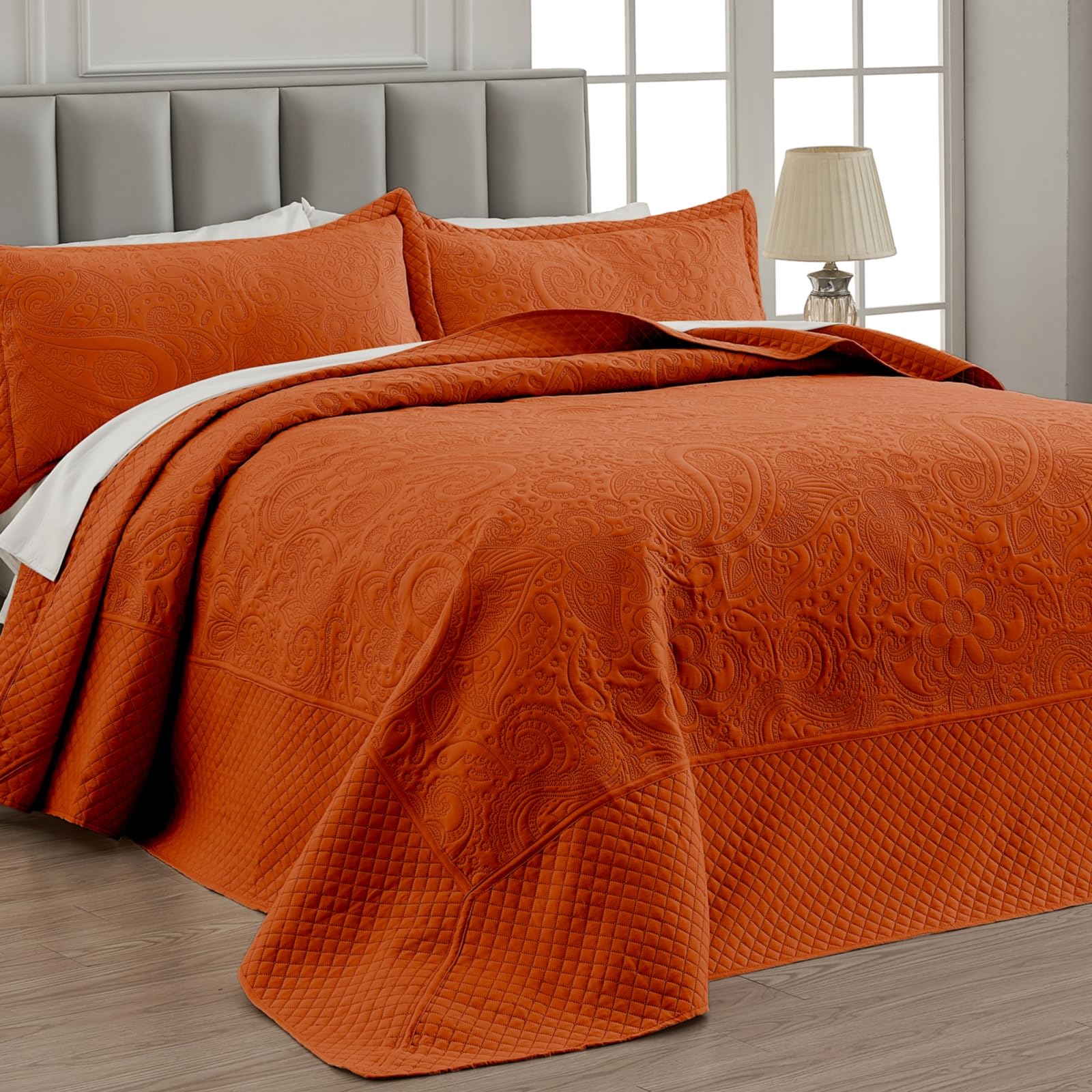 Qucover Oversized King Bedspreads Burnt Orange, Soft Microfiber Rust Color California King Quilt Set, 3 Pieces Ultrasonic Quilting Paisley Pattern Oversized Coverlet Bedding, 128" x 120"