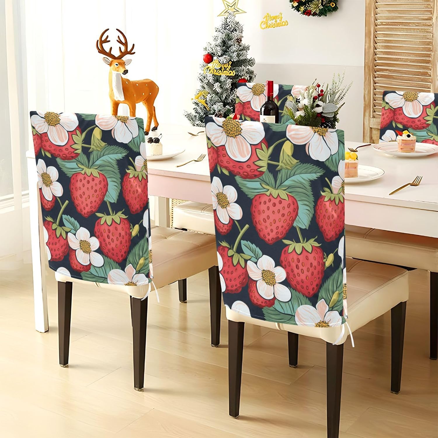 ALAZA Strawberry Flowers Chair Back Cover Set of 6, Washable Reusable Removable Chair Slipcovers Decorative Chair Cover for Home Kitchen Wedding Party