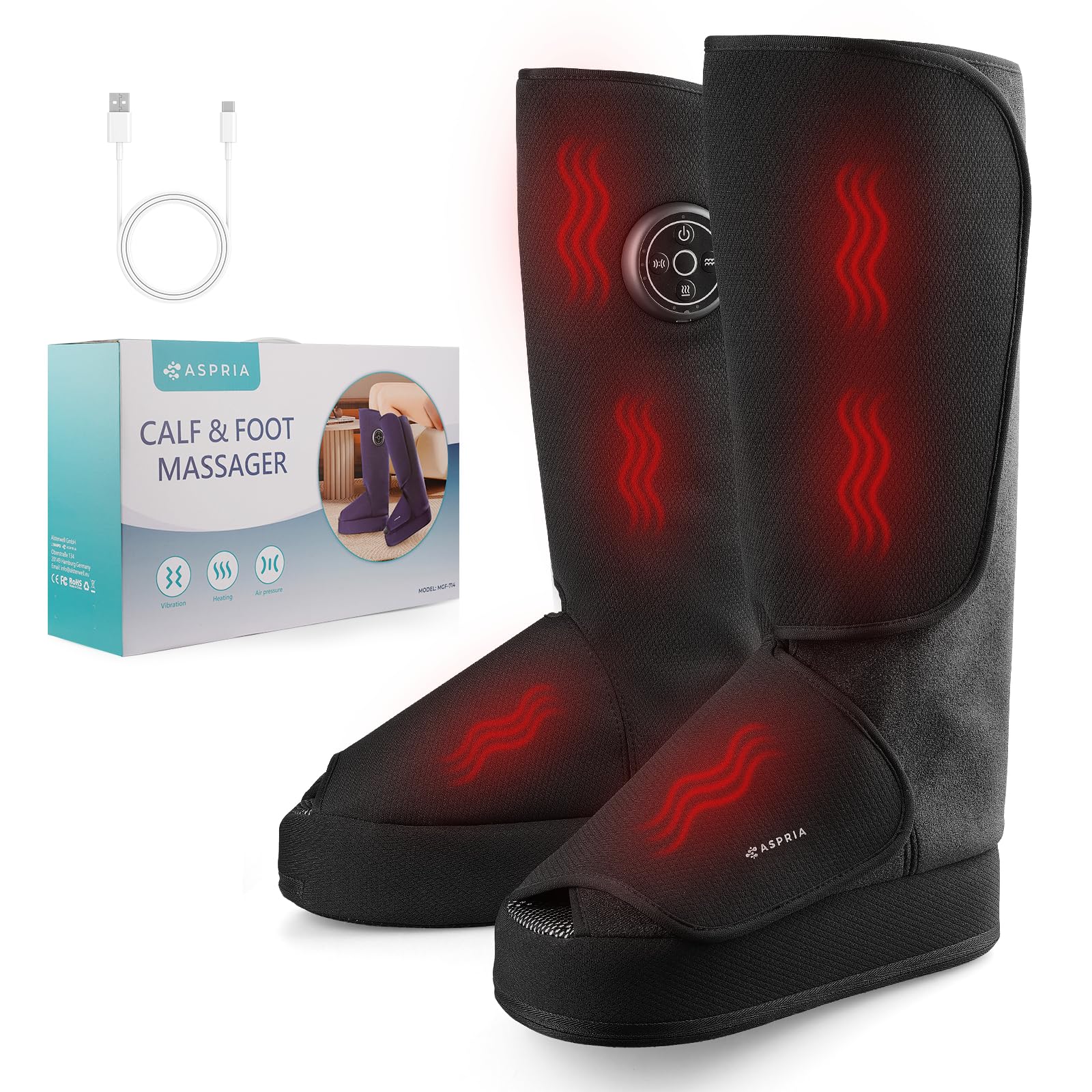 Fußmassagegerät, 2-in-1-Waden-Fuß-Massagegerät mit Luftkompression, Vibration und Wärmetherapie, Bein-Fuß-Massage-Stiefel für geschwollene Beine, Ödeme, kabelloses Design (Schwarz)