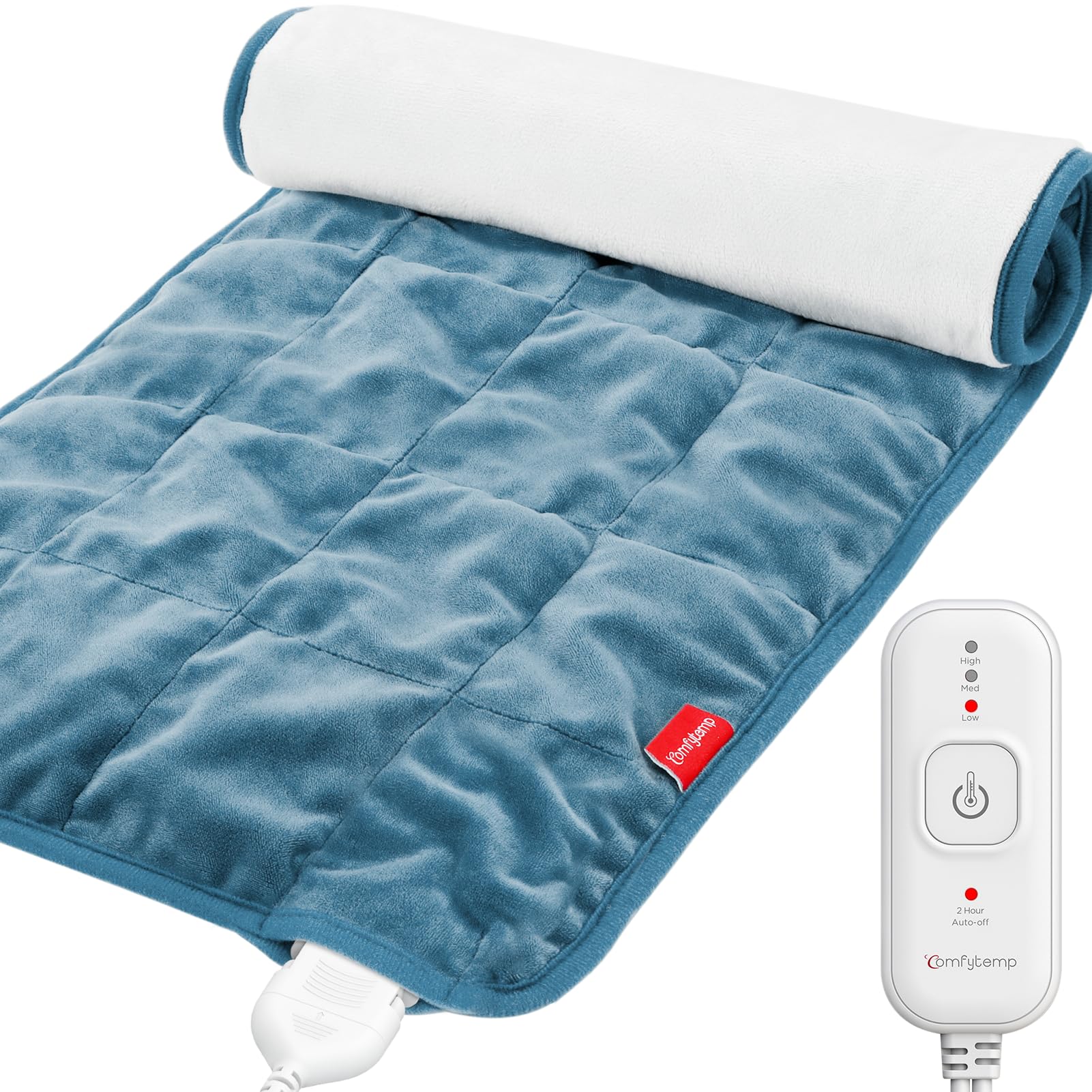 Comfytemp Full Weighted Heating Pad for Back Pain & Cramps Relief, 2.2lb Electric Heating Pad for Neck and Shoulders, Moist & Dry Heat Therapy with Auto Off, Stay On, 12x24", Washable, Light Blue