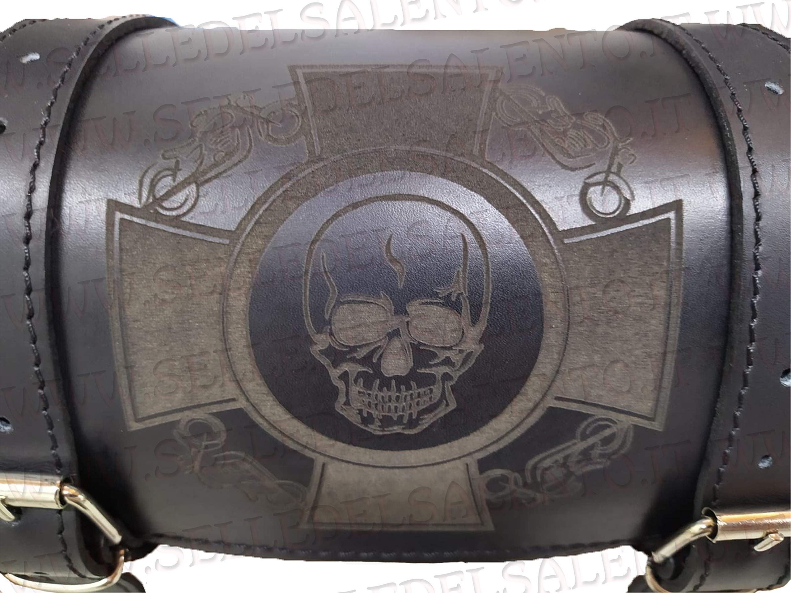 Borsa Moto A Barilotto In Pelle - Incisione Croce Celtica E Teschio - 25x12cm Per Harley Davidson, Honda, Ecc. - Foto 12