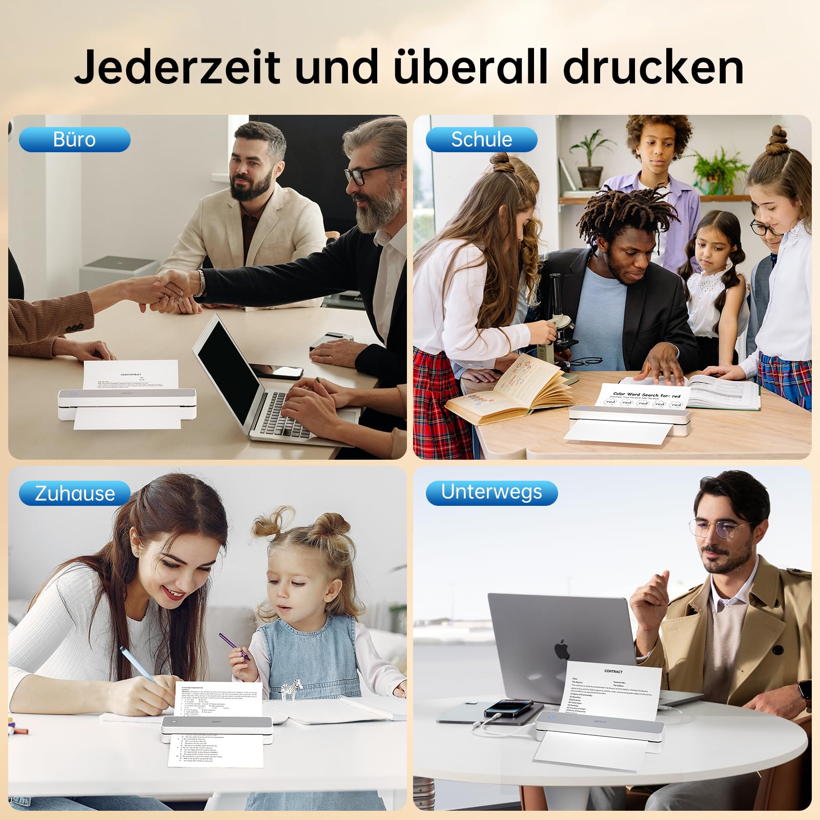 iDPRT tragbarer Thermodrucker, 300DPI Tintenloser Bluetooth-Kleine Mobildrucker Drahtlos für Reisen, Büro, Fahrzeuge, Heimgebrauch, Unterstützung A4 Thermopapier Kompatibel mit iOS, Android, PC, Weiß