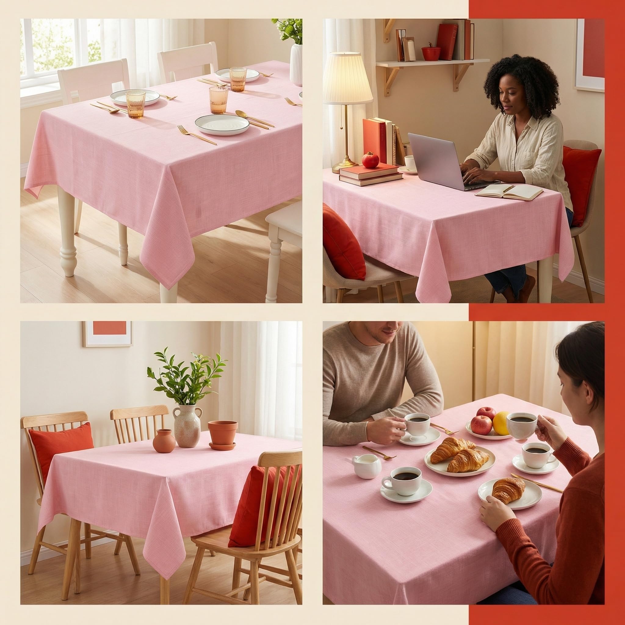 Nappe rectangulaire impermeable Rose 140 x 240 cm Aspect Lin Tissu | Moderne Nappe Lavable Anti-Tache de Table Restaurant exterieur jardin Noel Fête Anniversaire Mariage Maison