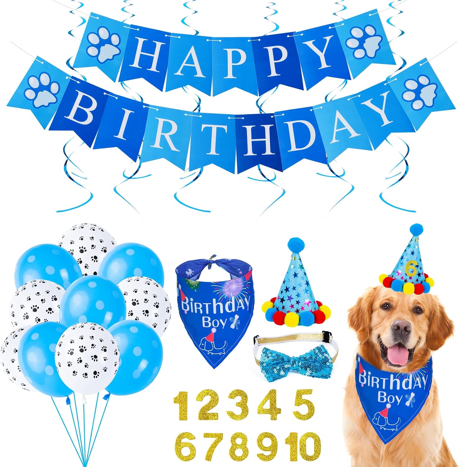 SUBAO Dog Birthday Party Supplies Decorations Boy Dog Birthday Hat Bandana Dog First Birthday Outfits Set with Bow Tie Flag Balloon Dog…