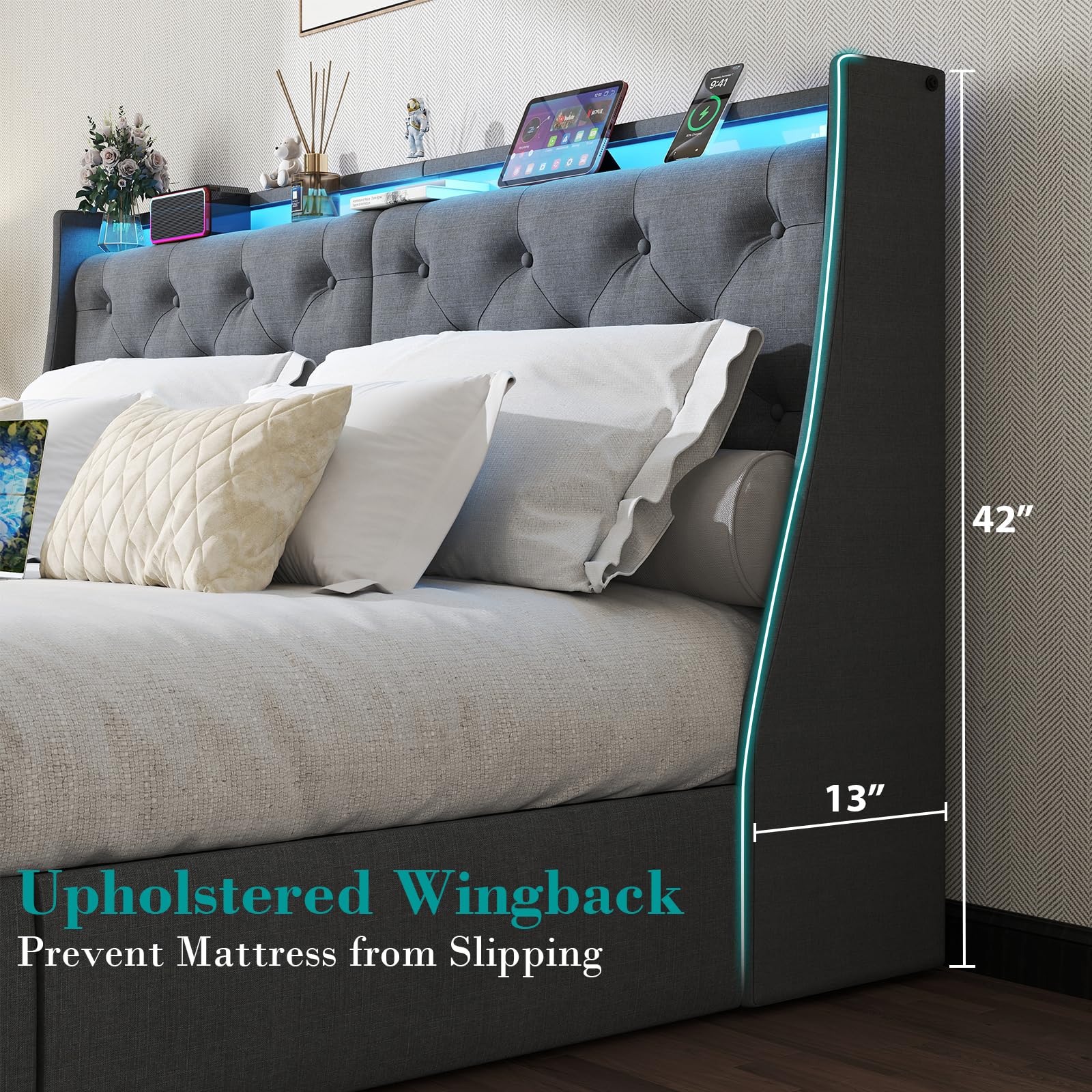 Queen Bed Frame with 2 Storage Drawers, Platform Bed Frame Queen Size with LED Light, Upholstered Headboard, Charging Station, Steel Slat Support, No Box Spring Needed, Noise-Free, Easy Assembly, Gray: King Button Tuffed & 4 Drawers