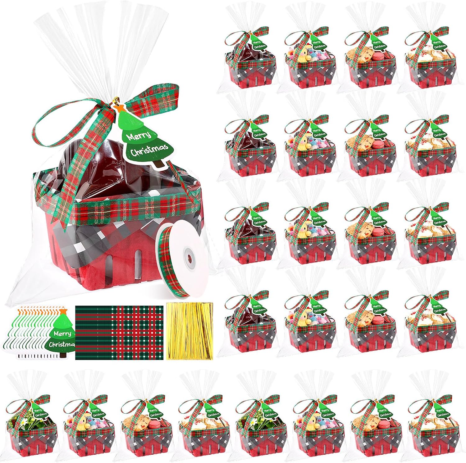 Mimorou 24 Set Small Red Christmas Plaid Gift Basket Empty Bulk 4.3 Inch DIY Mini Xmas Berry Basket Gift Box to Fill Candy Snack Cookie Treat for Holiday Party Favors Calendar Stocking Stuffers