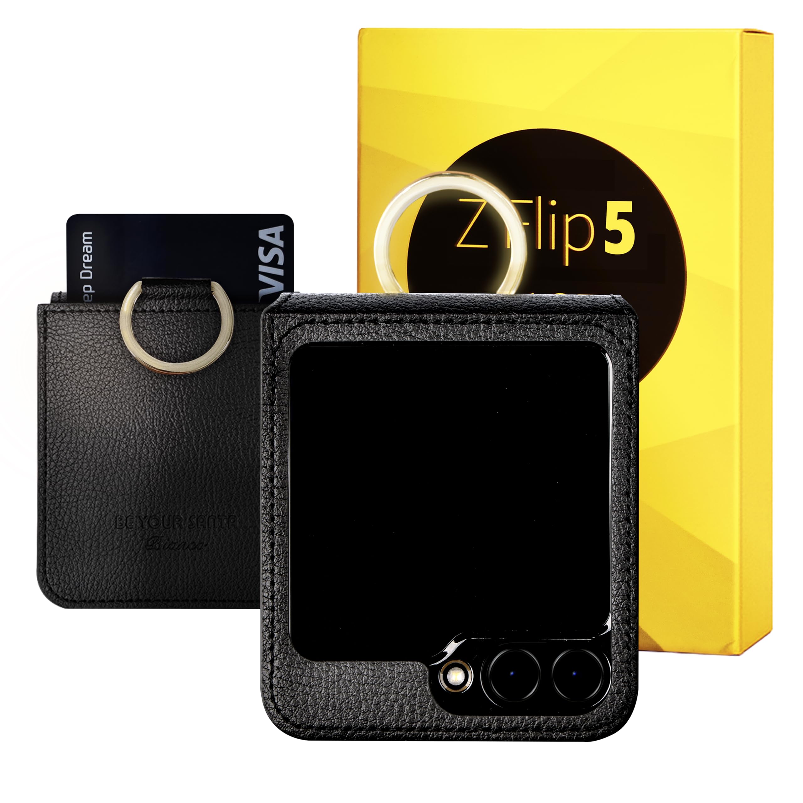 [BeYourSanta] Galaxy Z Flip 5 Case Bosco & Bianco with Card Holder, Camera Cover, and Hinge Protection - Italian Vegan Leather | Ring Holder, Wireless