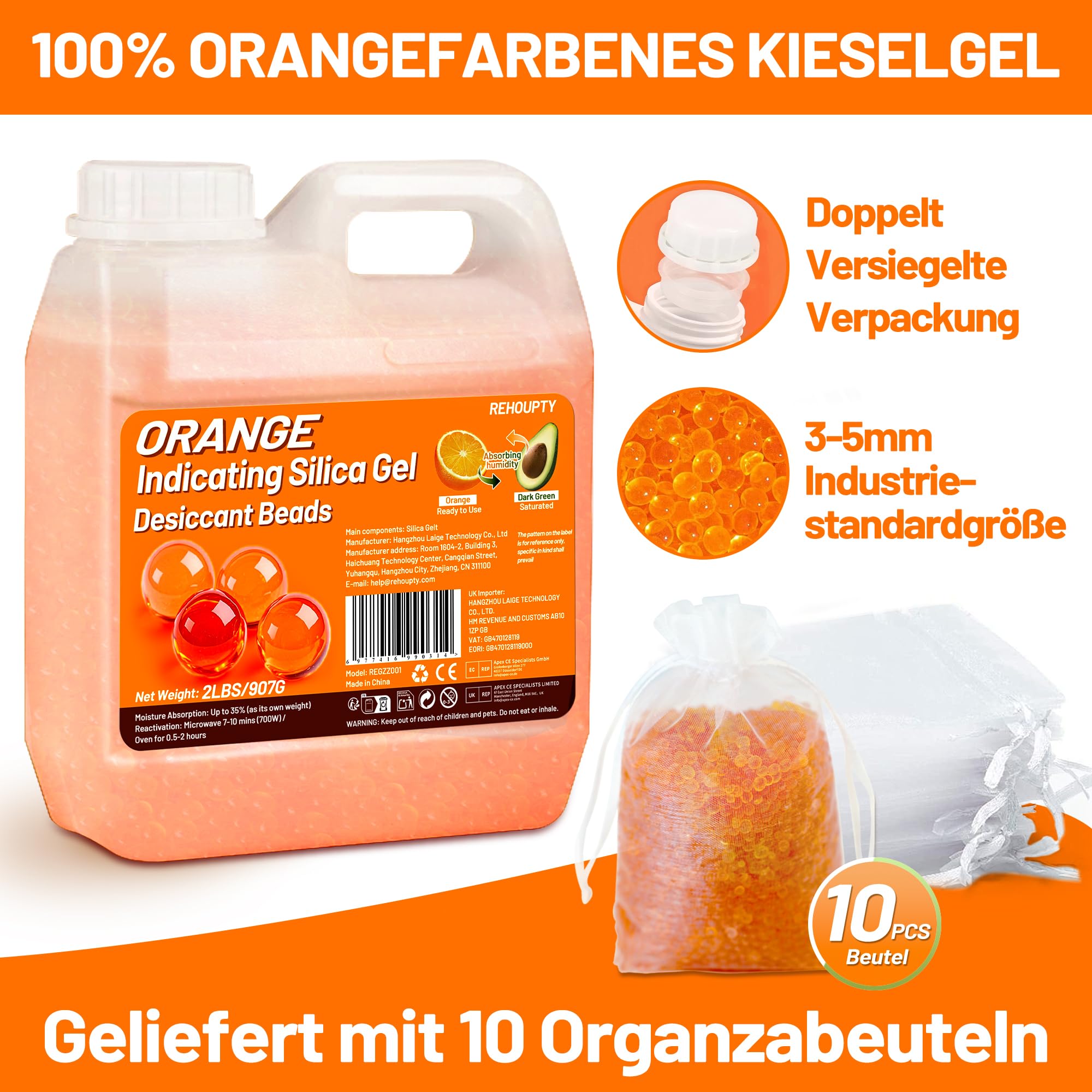 Orange Silikat Silica Gel Regenerierbar Silikat Trockenmittel 0.9kg, 3-5mm Indikator Silica Kugeln Desiccant für 3D Filament, Elektronische Geräte, Kamera, Schmuck (Enthält 10 Organzabeutel)