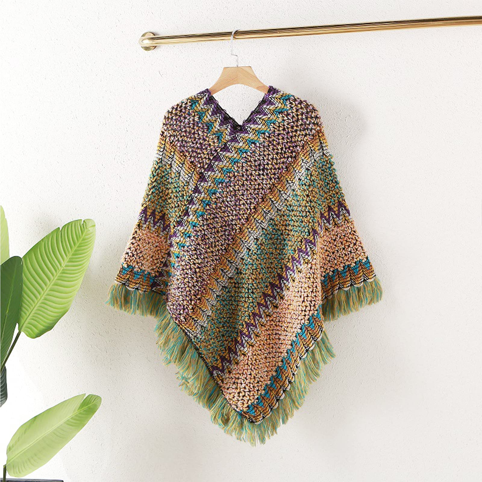 Poncho à franges pour femme - Col en V - Ample - Sans manches - Ourlet irrégulier - Décontracté
