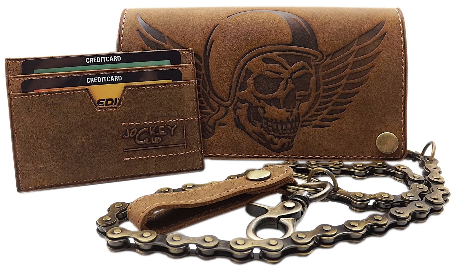 myledershop Cuero de búfalo Motero Cartera con Cadena metálica con Calavera-Motivo y Desmontable Tarjetero con Bloqueo RFID y NFC en marrón