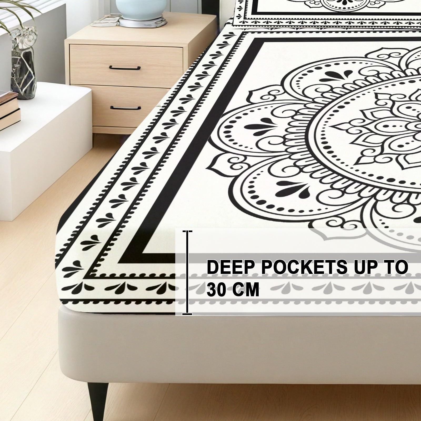 Vintage Boho Spannbettlaken Indisch Mandala Bettlaken Schwarz 140x200cm | Boho 140x200 Weiß Mandala Spannbetttuch Spannleintuch Boxspringbett für Matratzen bis 30 cm Höhe mit 1 Kissenbezüge