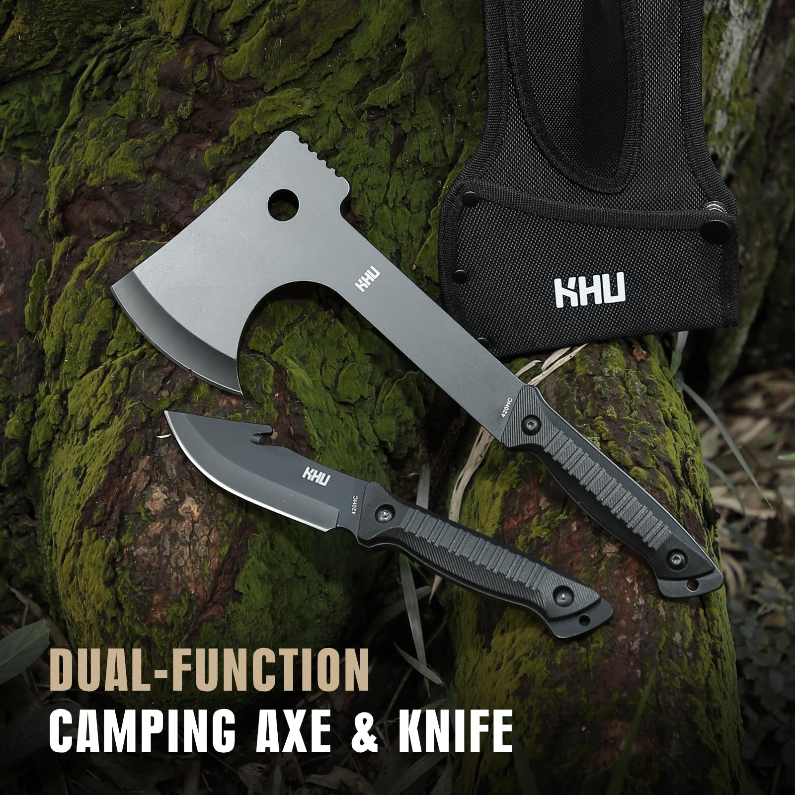KHU 2 pcs 420HC Acciaio Ascia da campeggio Coltello da caccia - Coltello da campeggio sopravvivenza con fodero in nylon, Ascia da bushcraft per spaccare la legna Uso All'aperto caccia