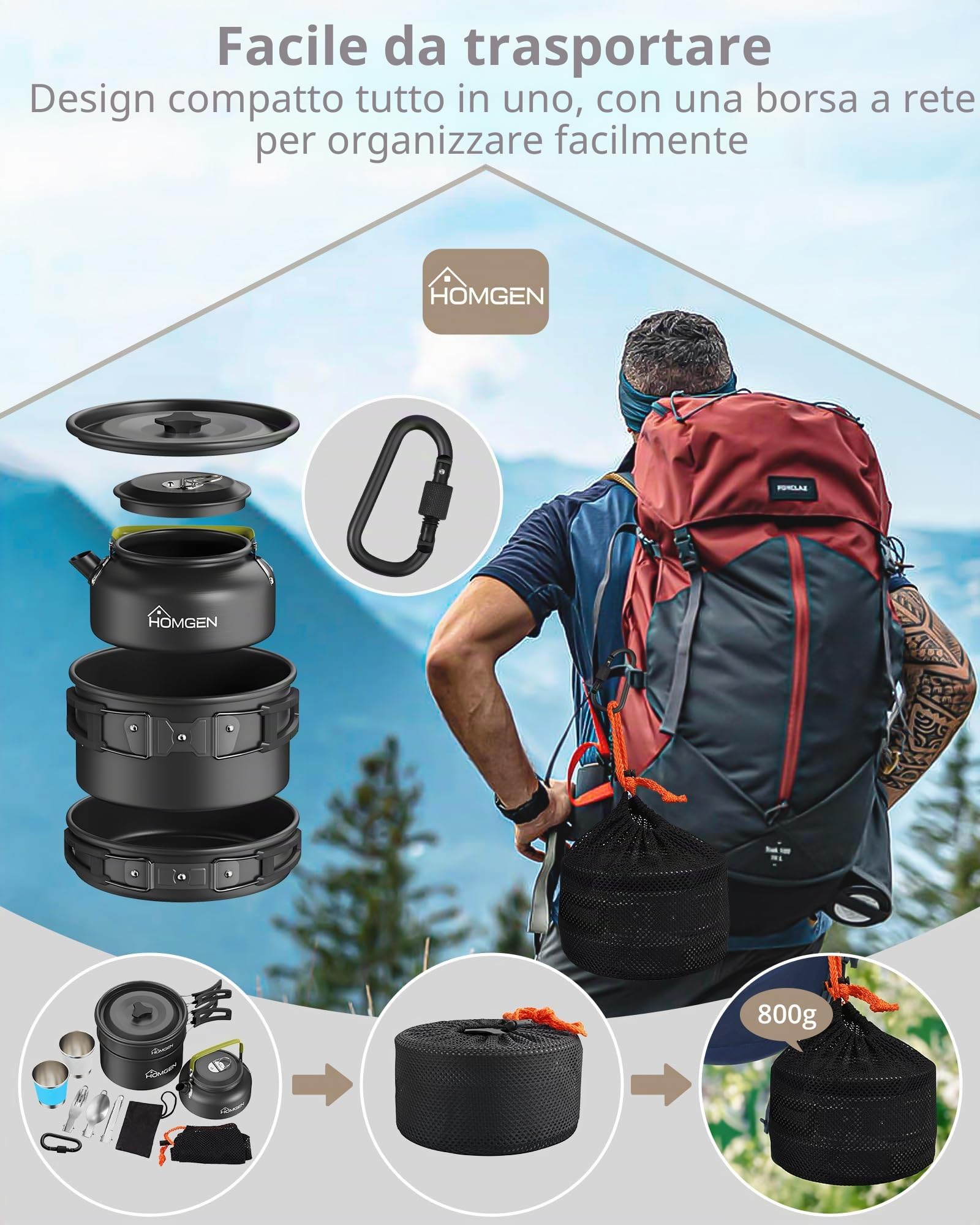 HOMGEN Set da campeggio in alluminio con posate pieghevoli per 2-3 persone | Set portatile e leggero, pentole e padelle da campeggio, adatto per un fornello da campeggio, con custodia, antiaderente