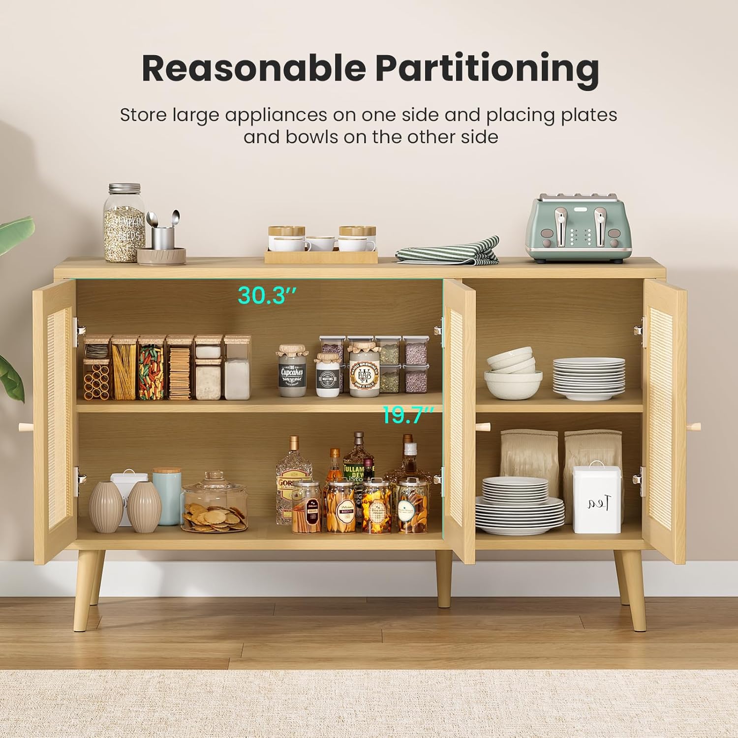 Farini 47.2" Buffet Cabinet with 3 Rattan Doors,Kitchen Sideboard for Dining Room, Hallway & Living Room, Coffee Bar Storage Console Table,Natural