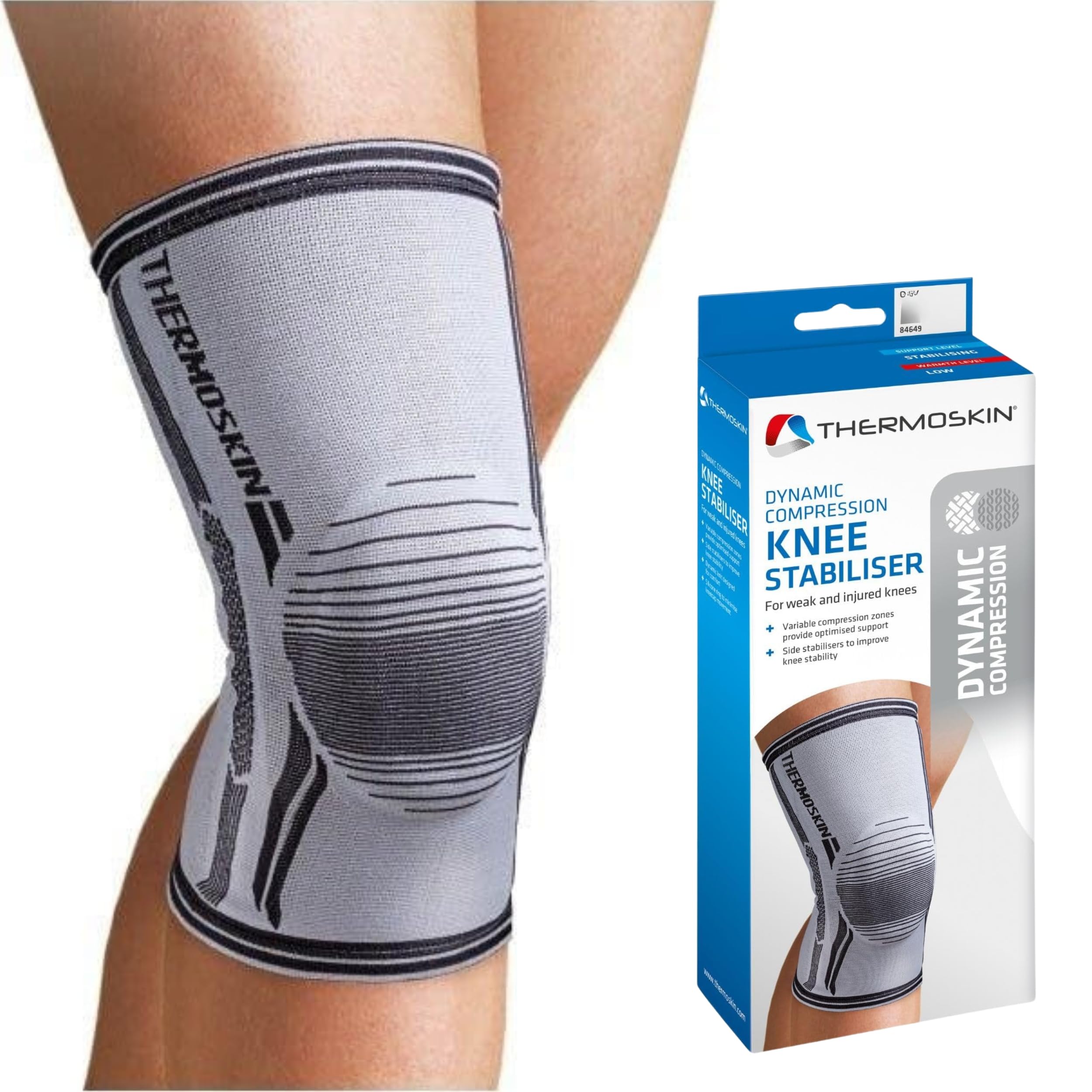 Thermoskin Kniebandage Kniestütze mit Silikonring - Dynamische Kompression Patellasehnenbandage für Männer und Frauen, Knieschoner Sport Alltag, Grau, XL