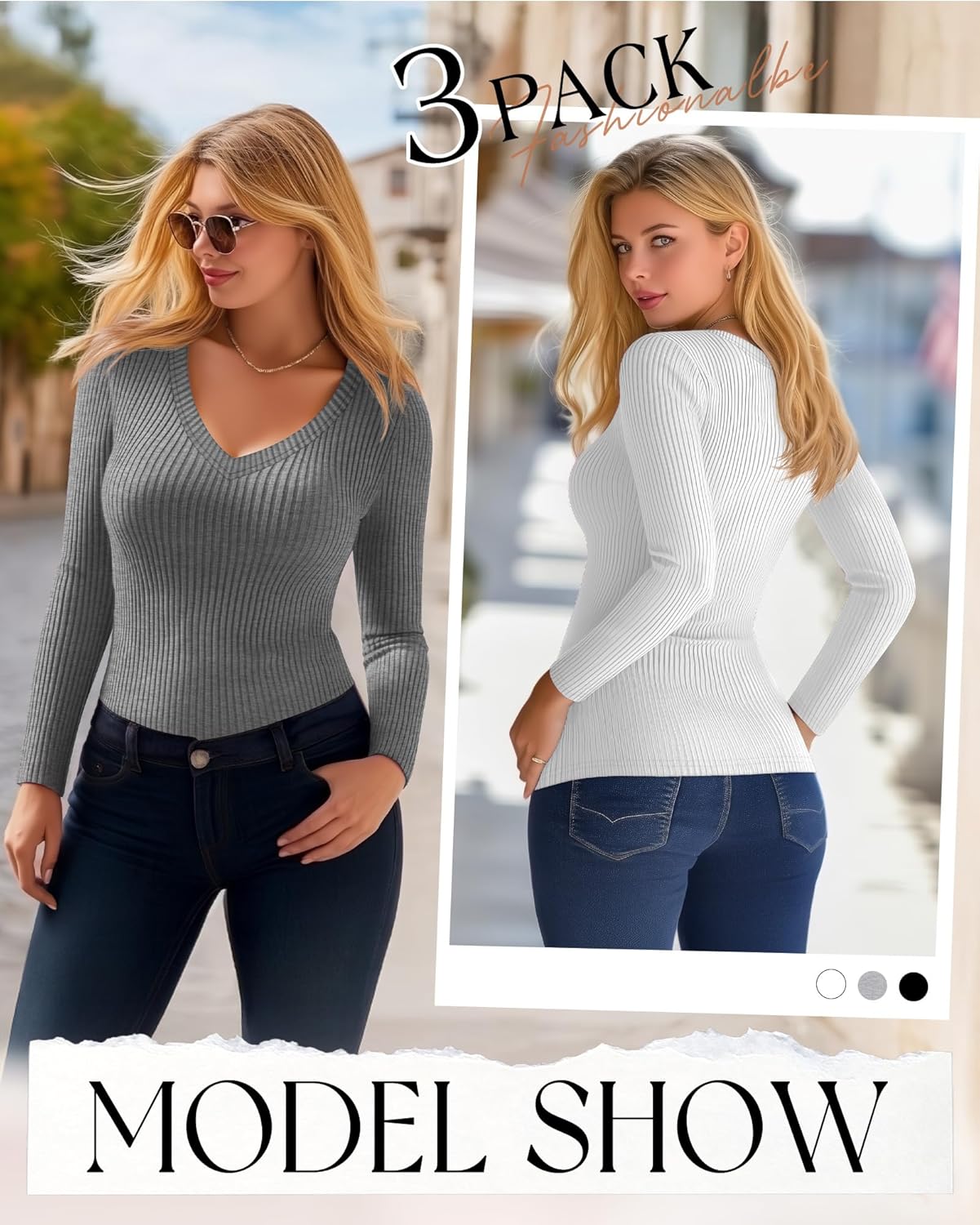 3 Pack Plus Size Thermal Shirts for Women Cotton Long Sleeve Ribbed Knit Tops V Neck Slim Fit Underwear Base Layer - Image 3