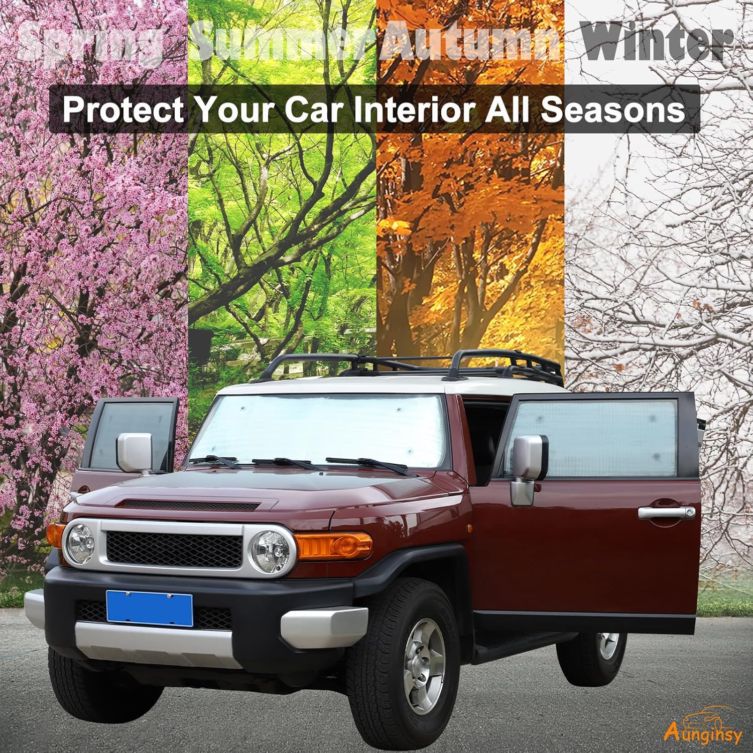 Car Full Windshield Sunshade Compatible with Toyota FJ Cruiser 2007-2021 Automotive Windshield Sunshades Foldable Reflective Sun Visor for UV Rays and Sun Heat Full Protect Car Interior Accessories