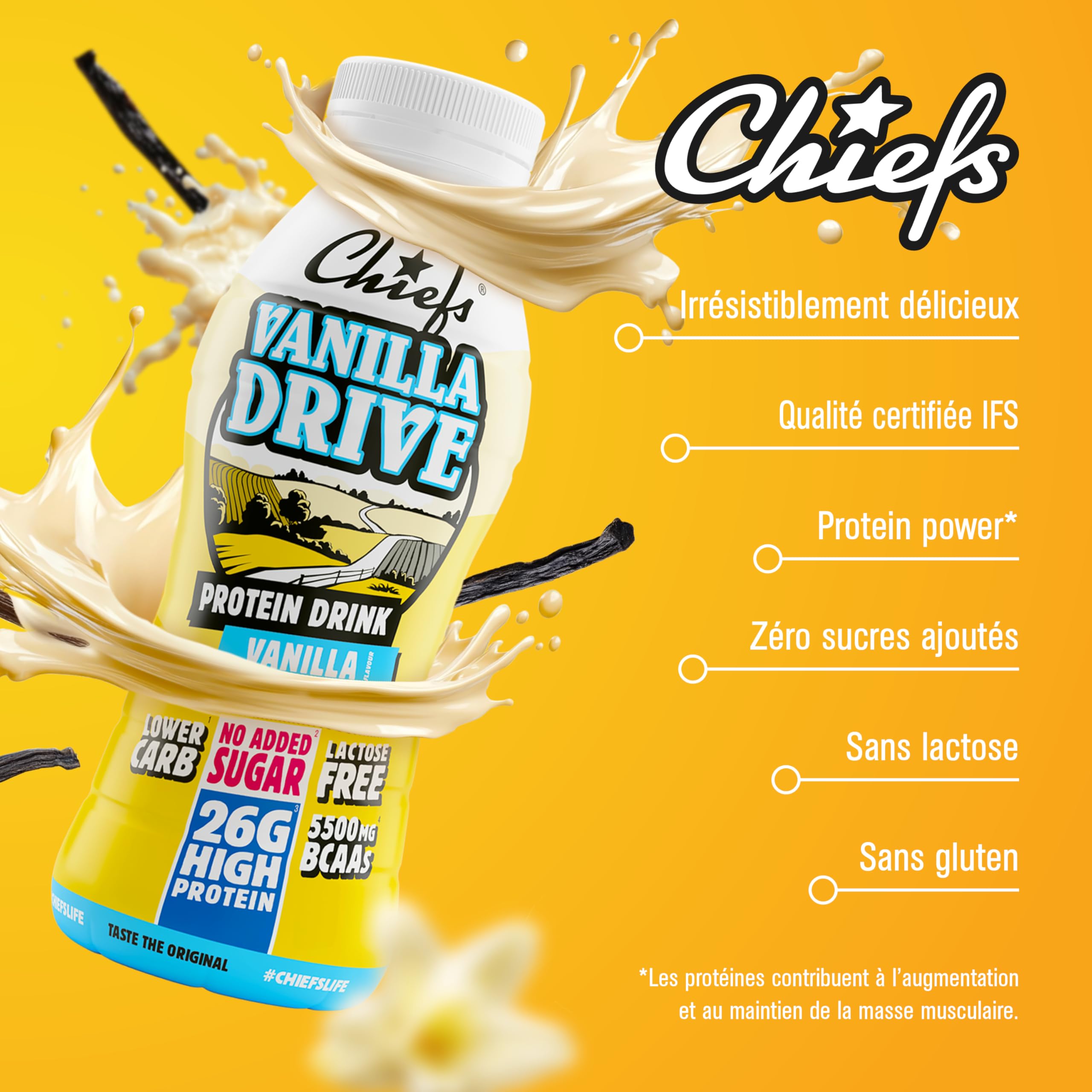 Chiefs® Milk Protein Drink avec 25g de protéines et BCAA • Shake de haute protéine à faible teneur en carbes, sans lactose et faible en sucre • 8 x 330ml (Banana)