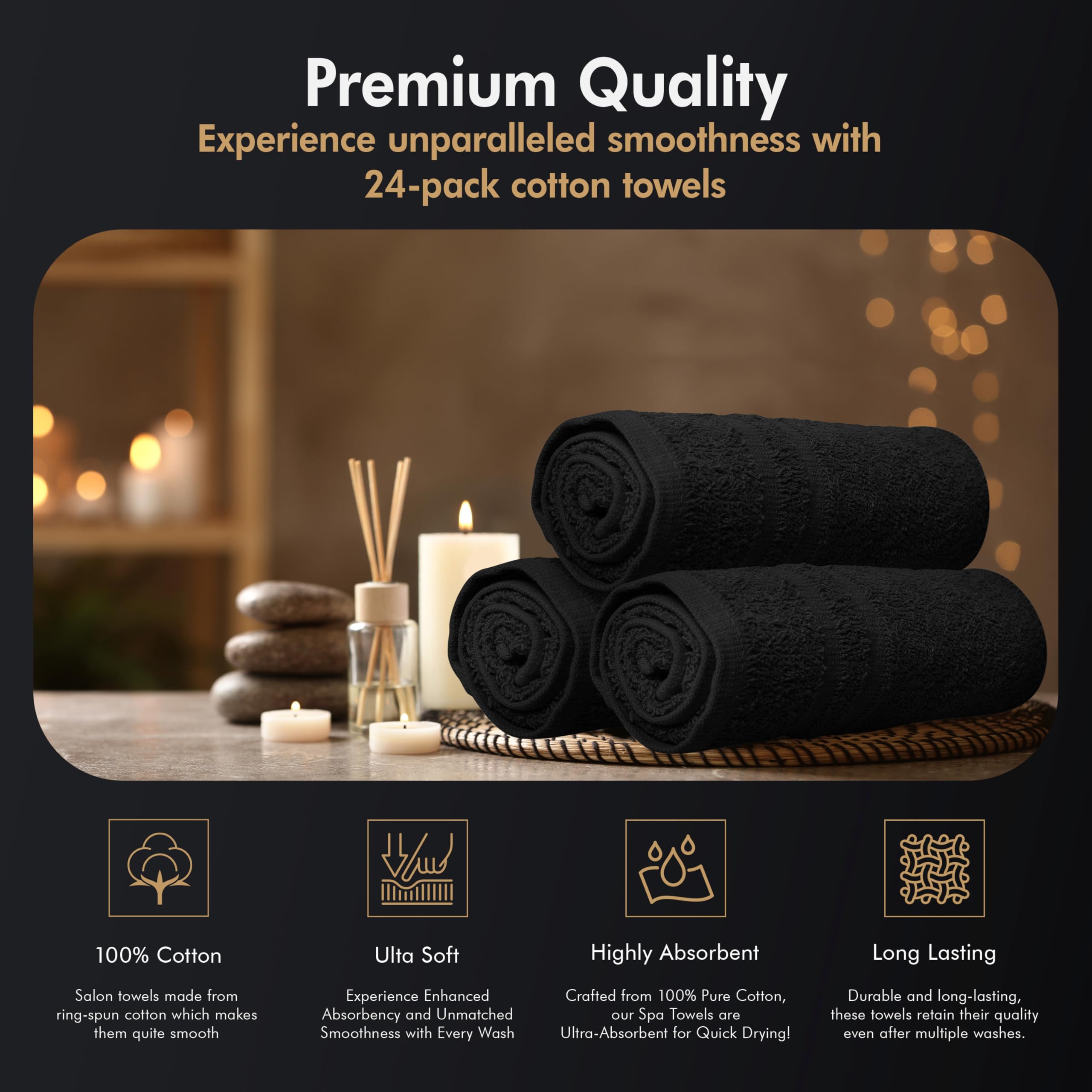 Oakias Toallas de salón color negro, 24 unidades, no a prueba de lejía, 40,6 x 60,8 cm, toallas de mano de algodón, toallas de gimnasio y pelo altamente absorbentes
